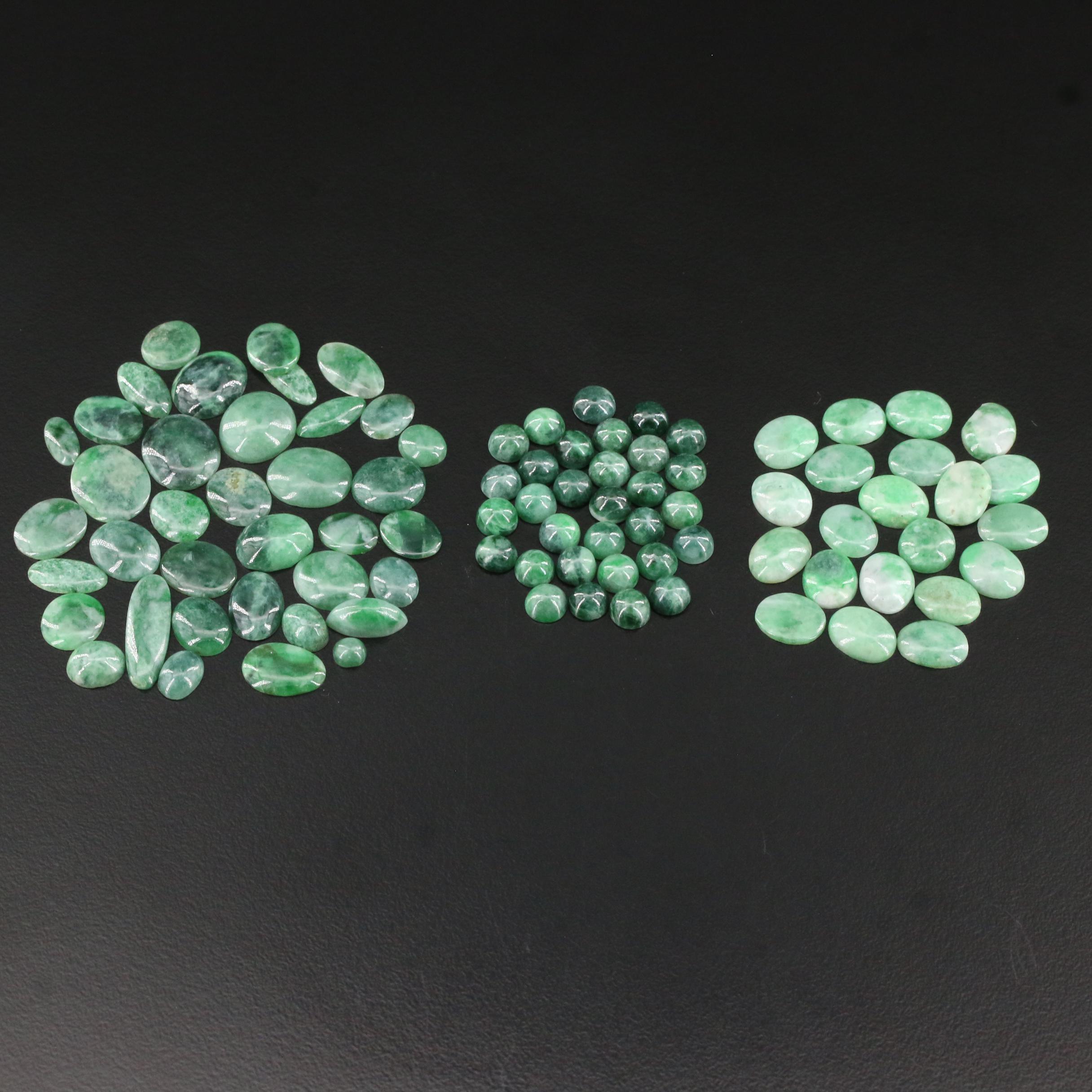 Loose 87.17 CTW Jadeite Selection Featuring Various Cabochon Shapes