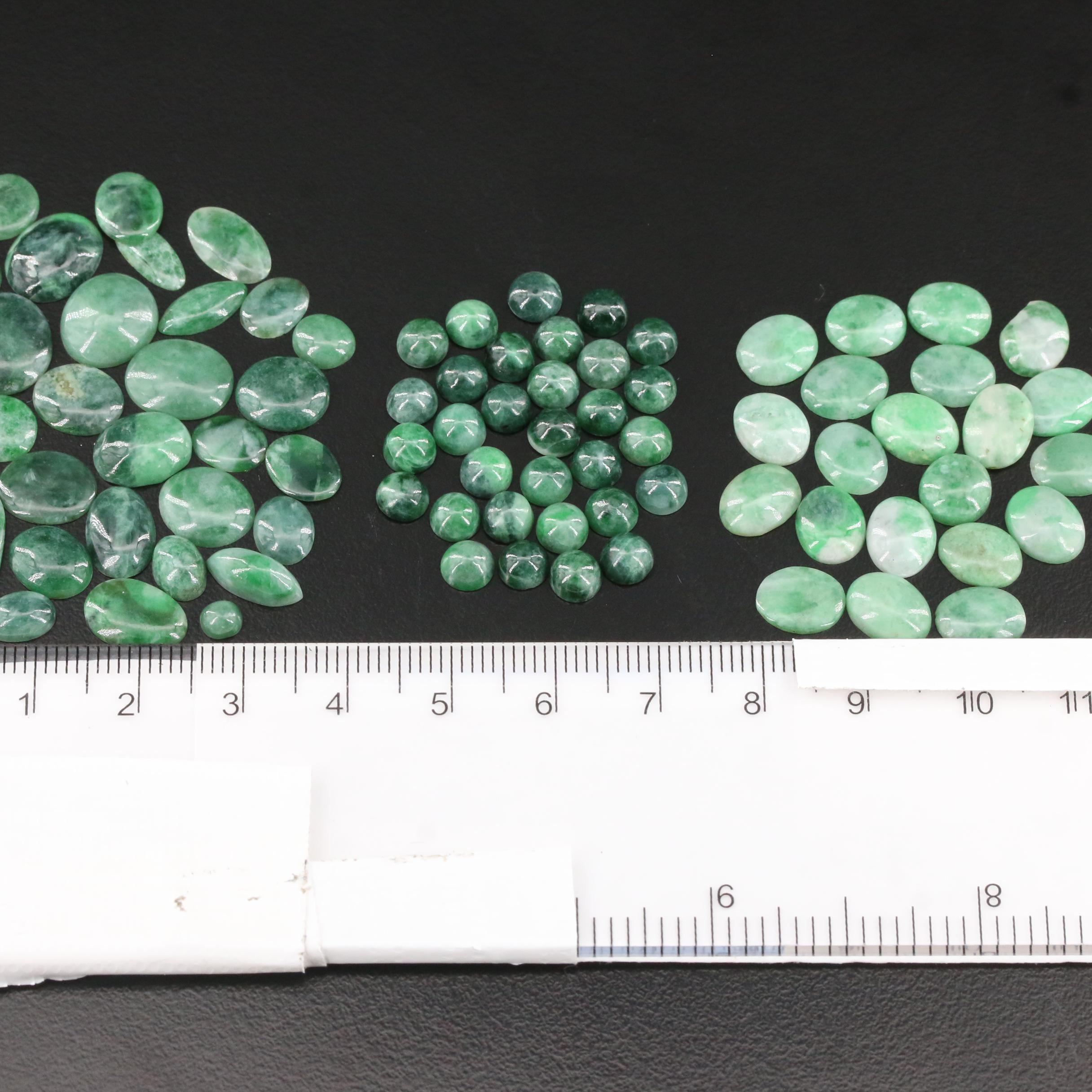 Loose 87.17 CTW Jadeite Selection Featuring Various Cabochon Shapes