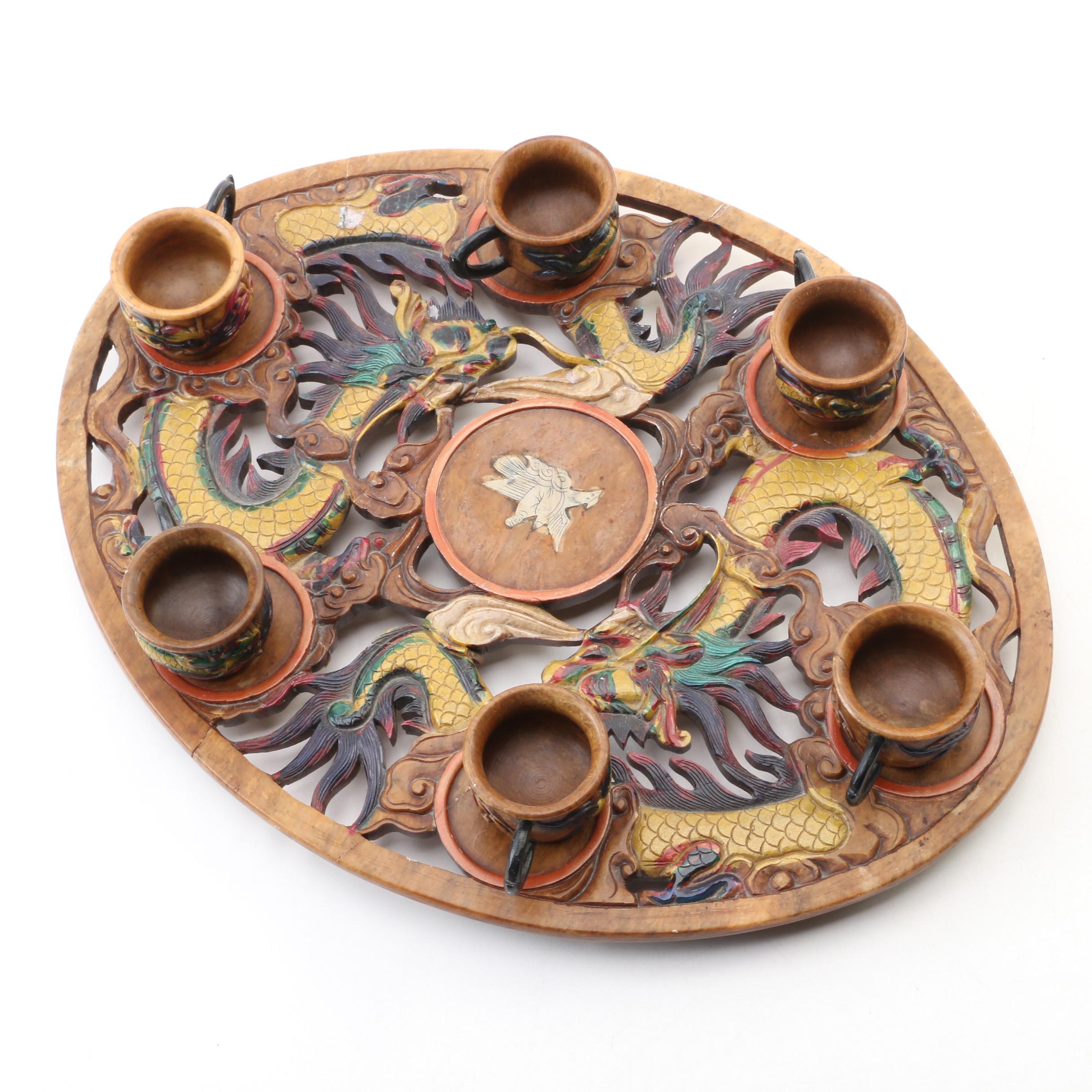 Chinese Hand-Carved Soapstone and Mother of Pearl Dragon Tea Set