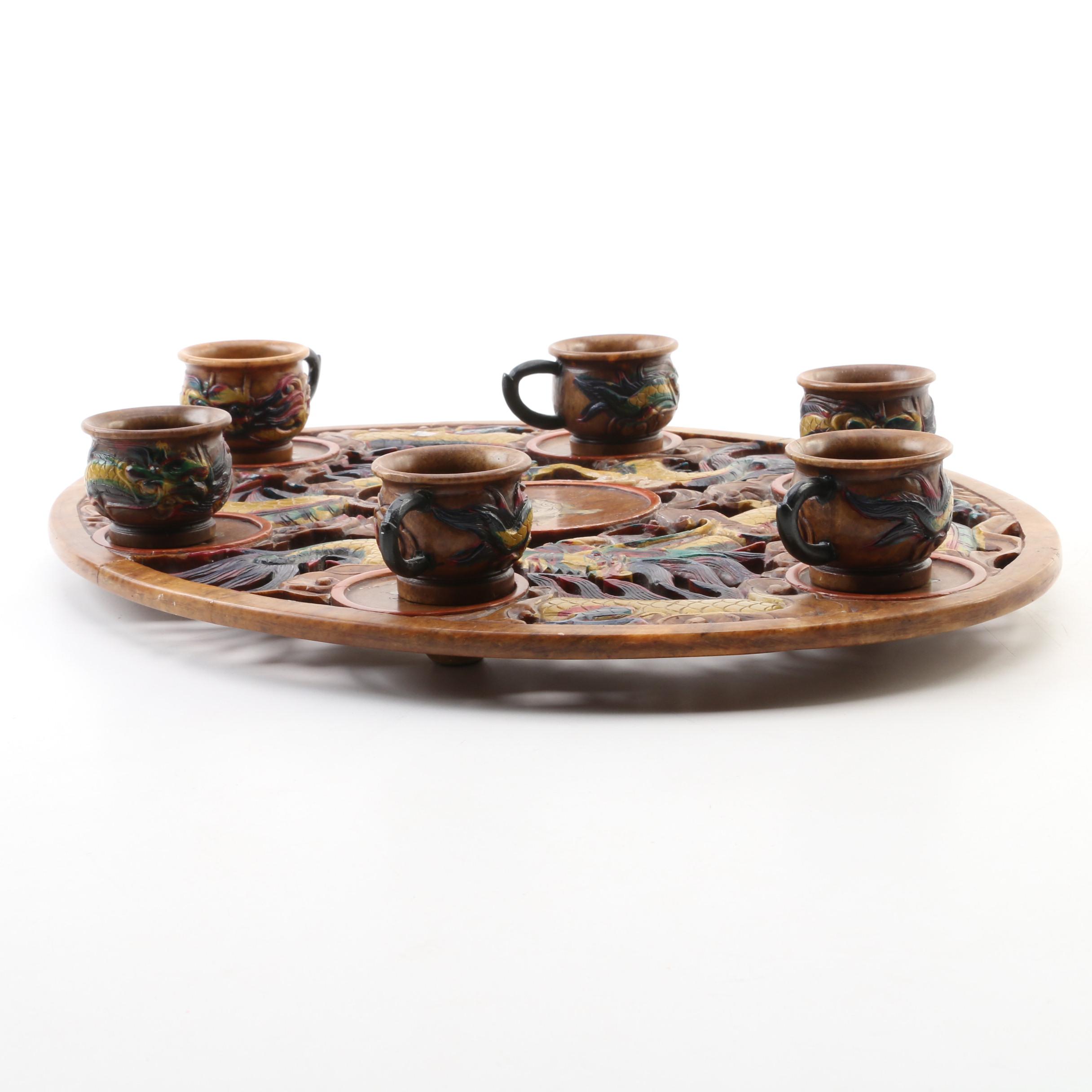 Chinese Hand-Carved Soapstone and Mother of Pearl Dragon Tea Set