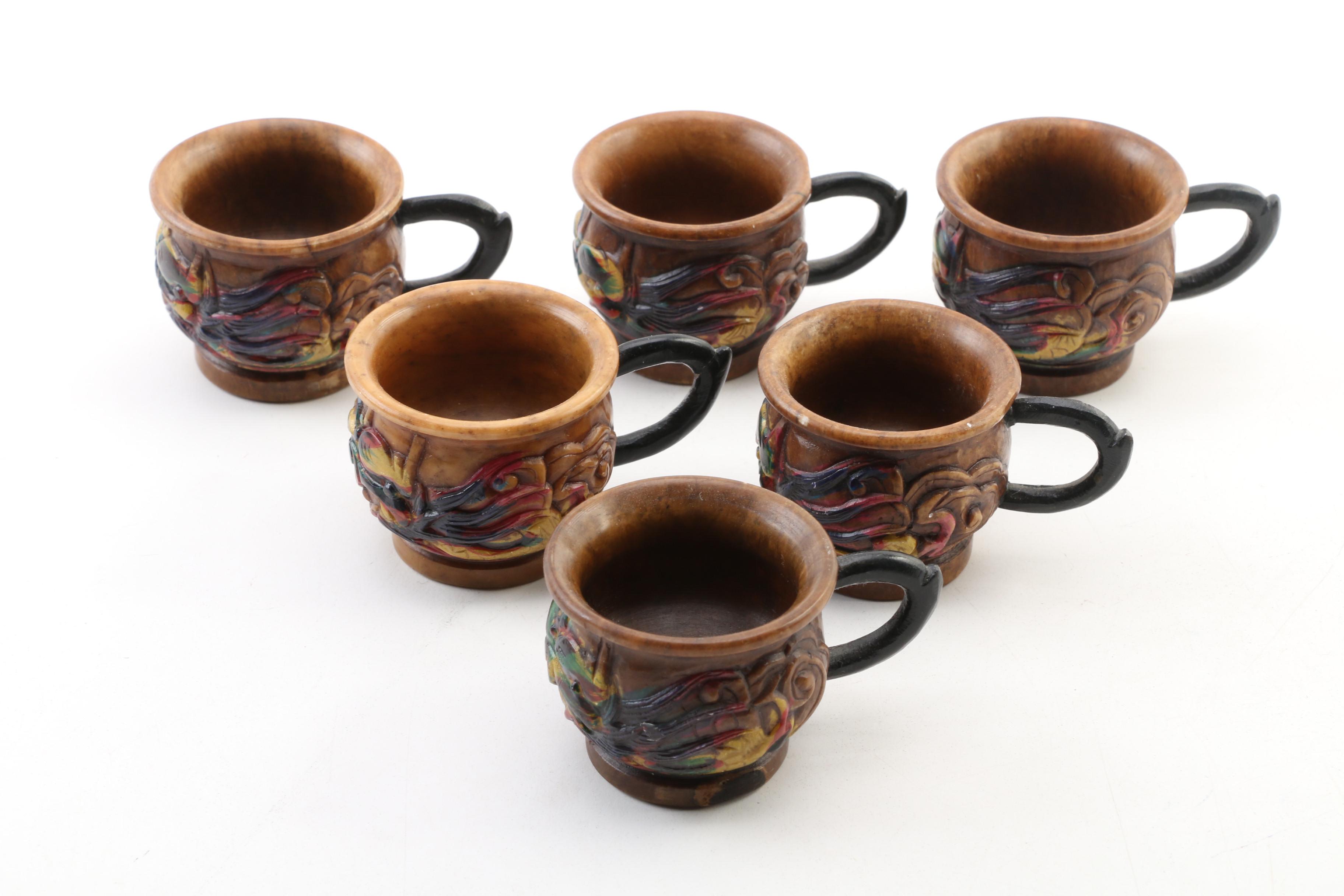 Chinese Hand-Carved Soapstone and Mother of Pearl Dragon Tea Set