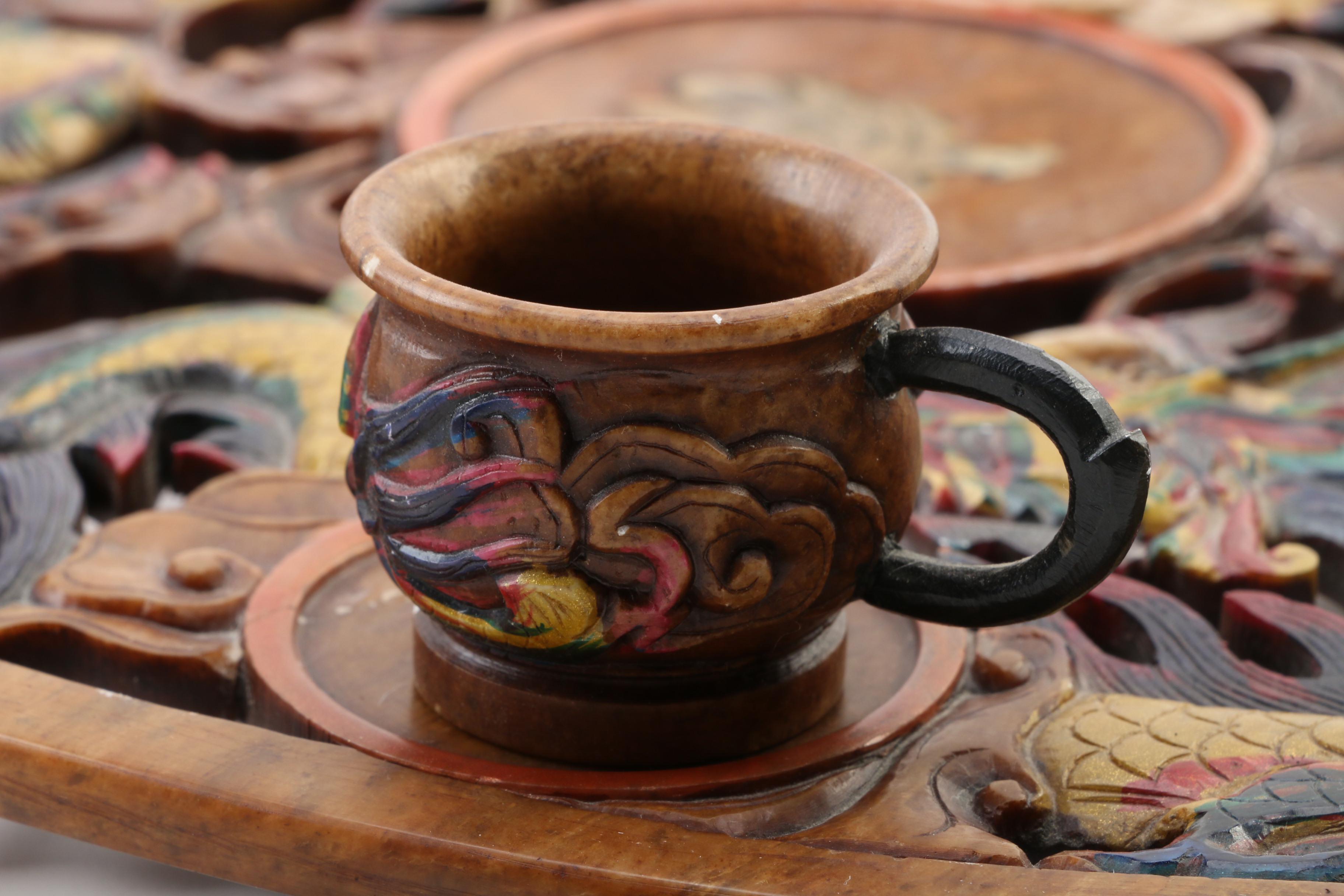 Chinese Hand-Carved Soapstone and Mother of Pearl Dragon Tea Set