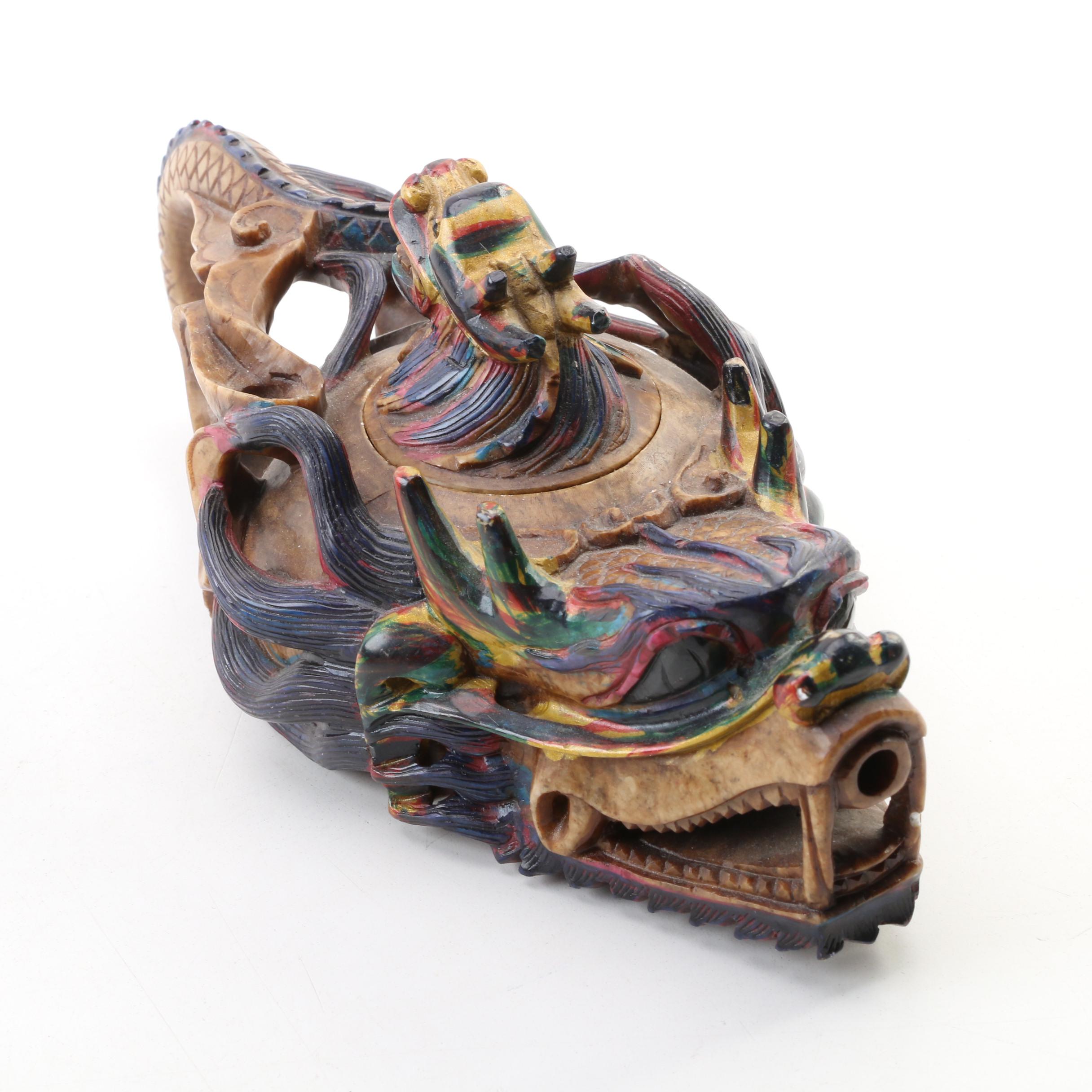 Chinese Hand-Carved Soapstone and Mother of Pearl Dragon Tea Set