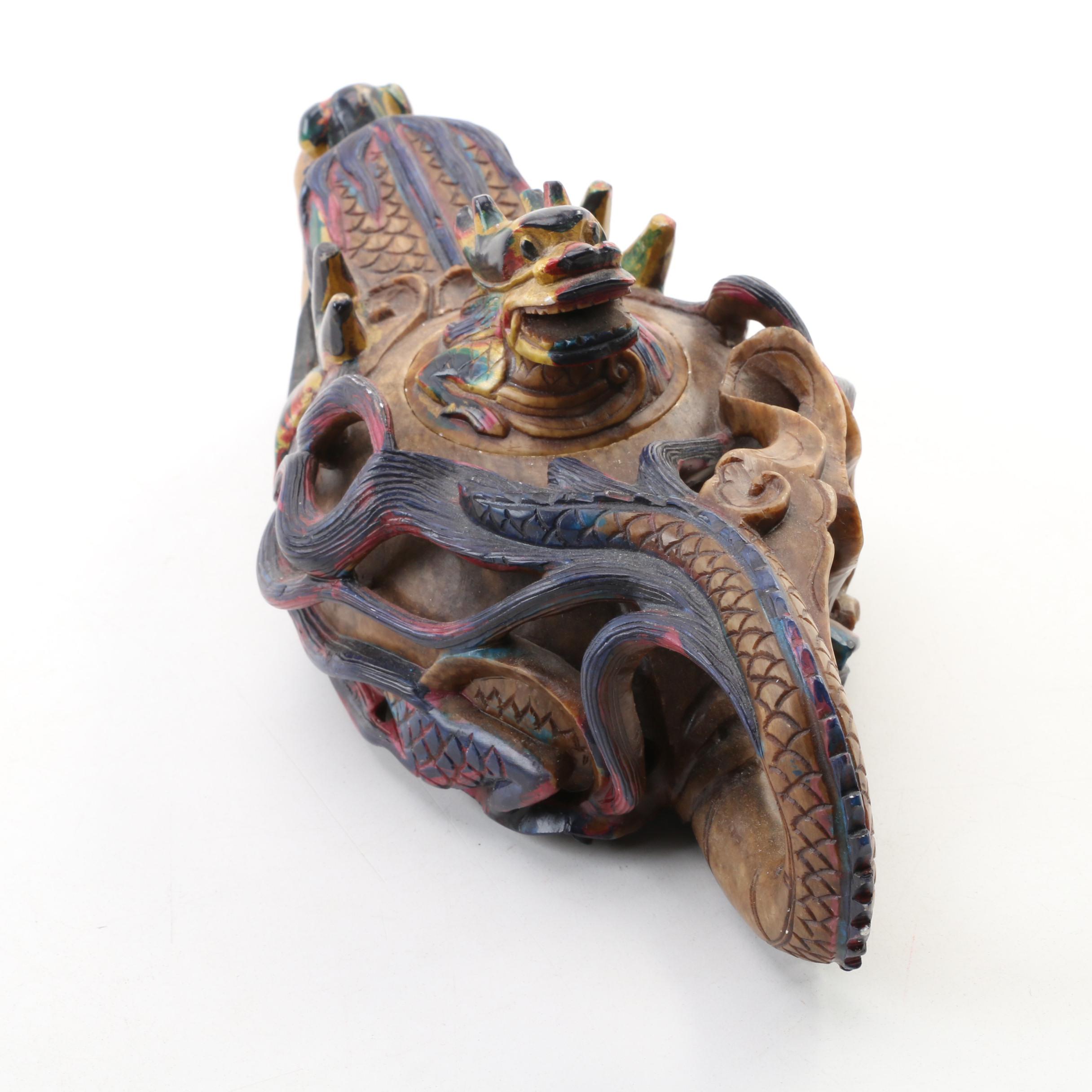 Chinese Hand-Carved Soapstone and Mother of Pearl Dragon Tea Set