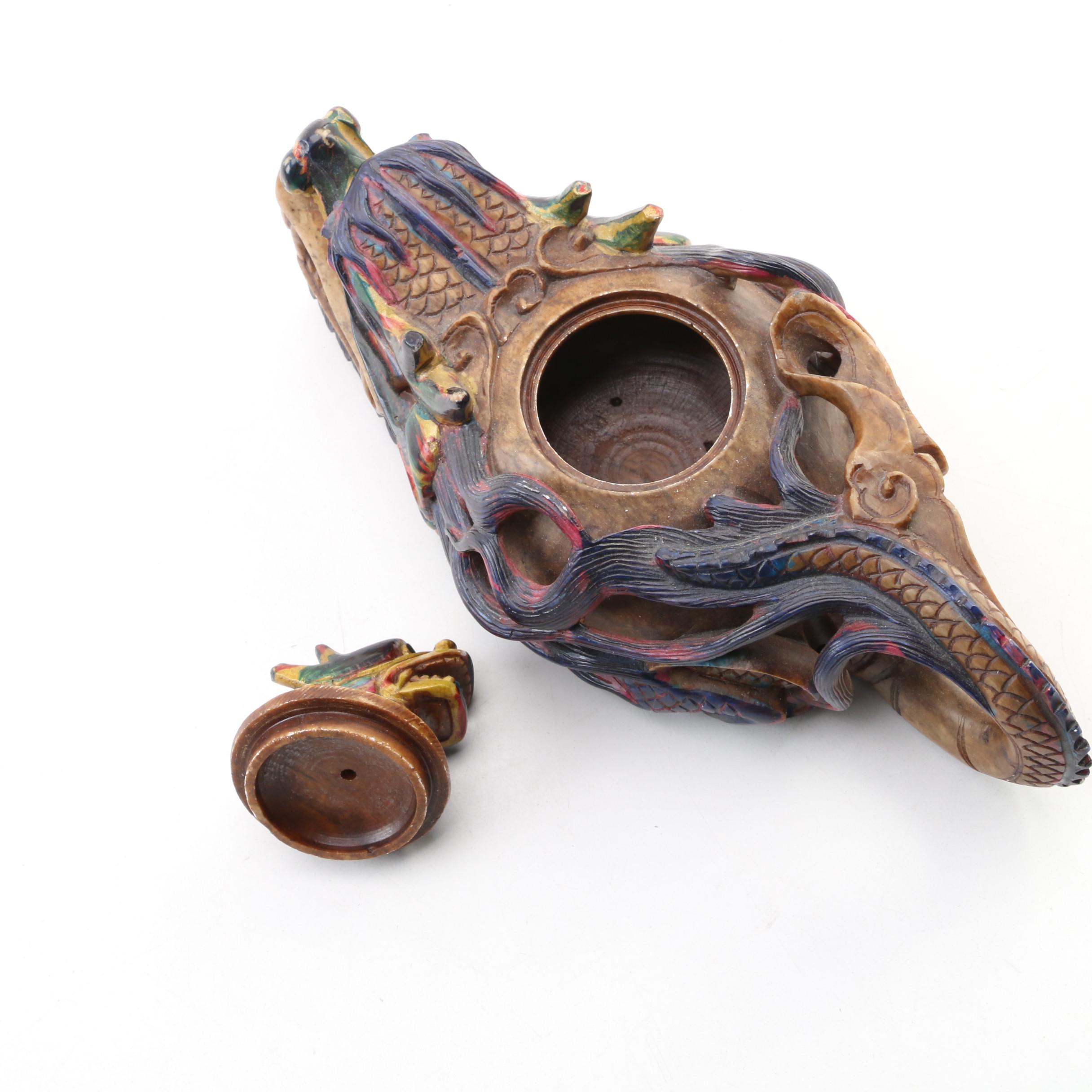 Chinese Hand-Carved Soapstone and Mother of Pearl Dragon Tea Set