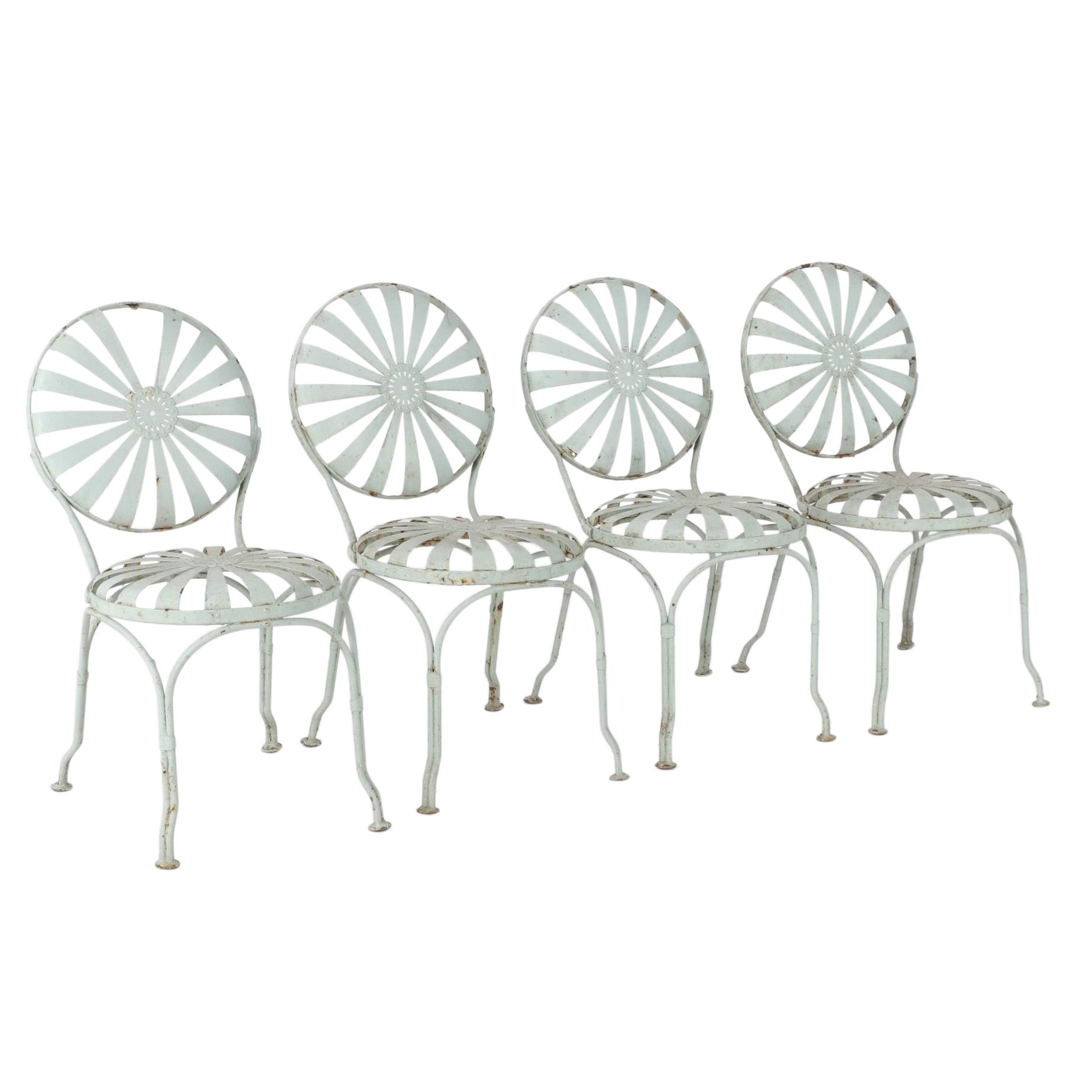 François Carre "Sunburst" White-Painted Iron Bistro Patio Chairs, circa 1930