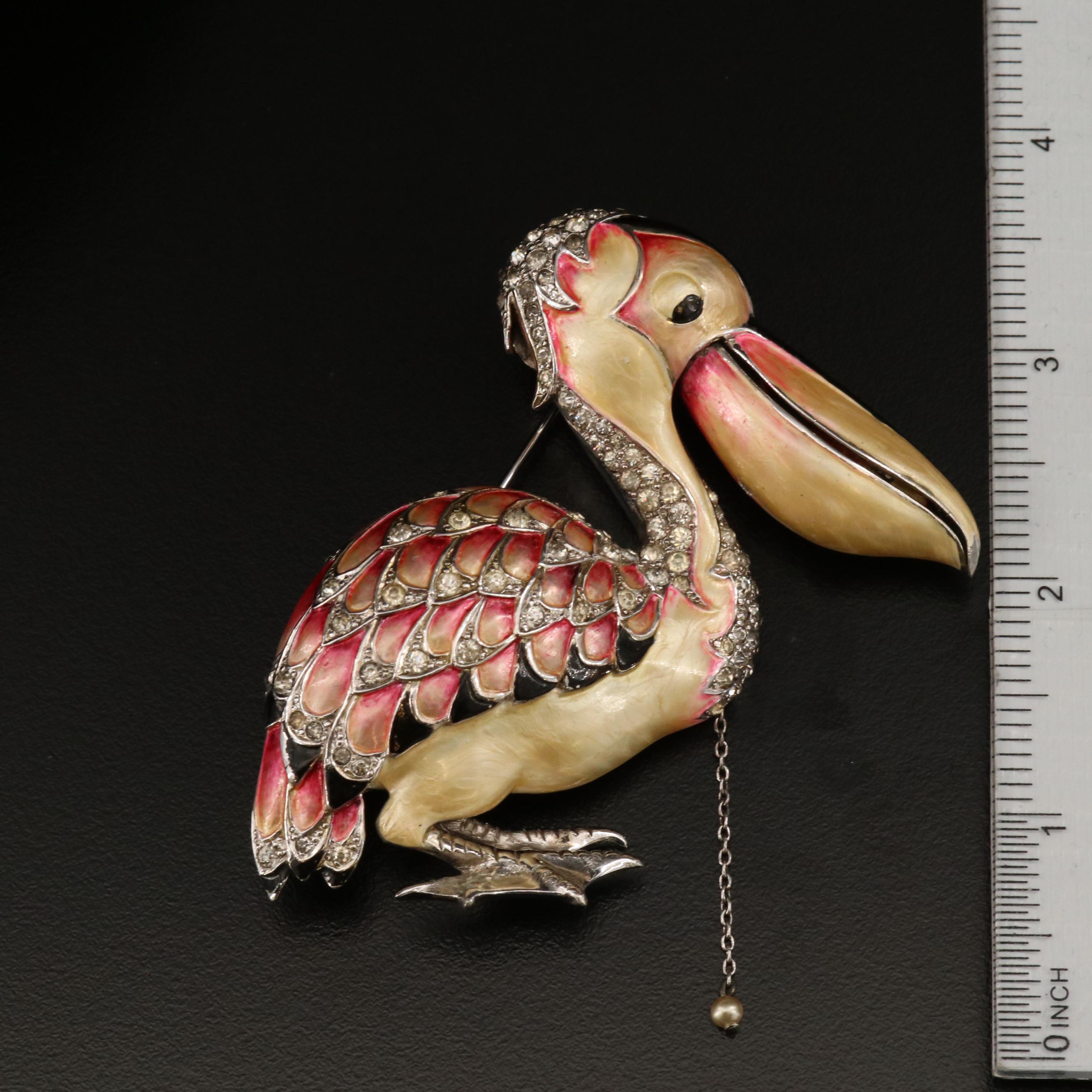 Early 1940s Marcel Boucher Articulated Pelican Brooch with Rhinestones