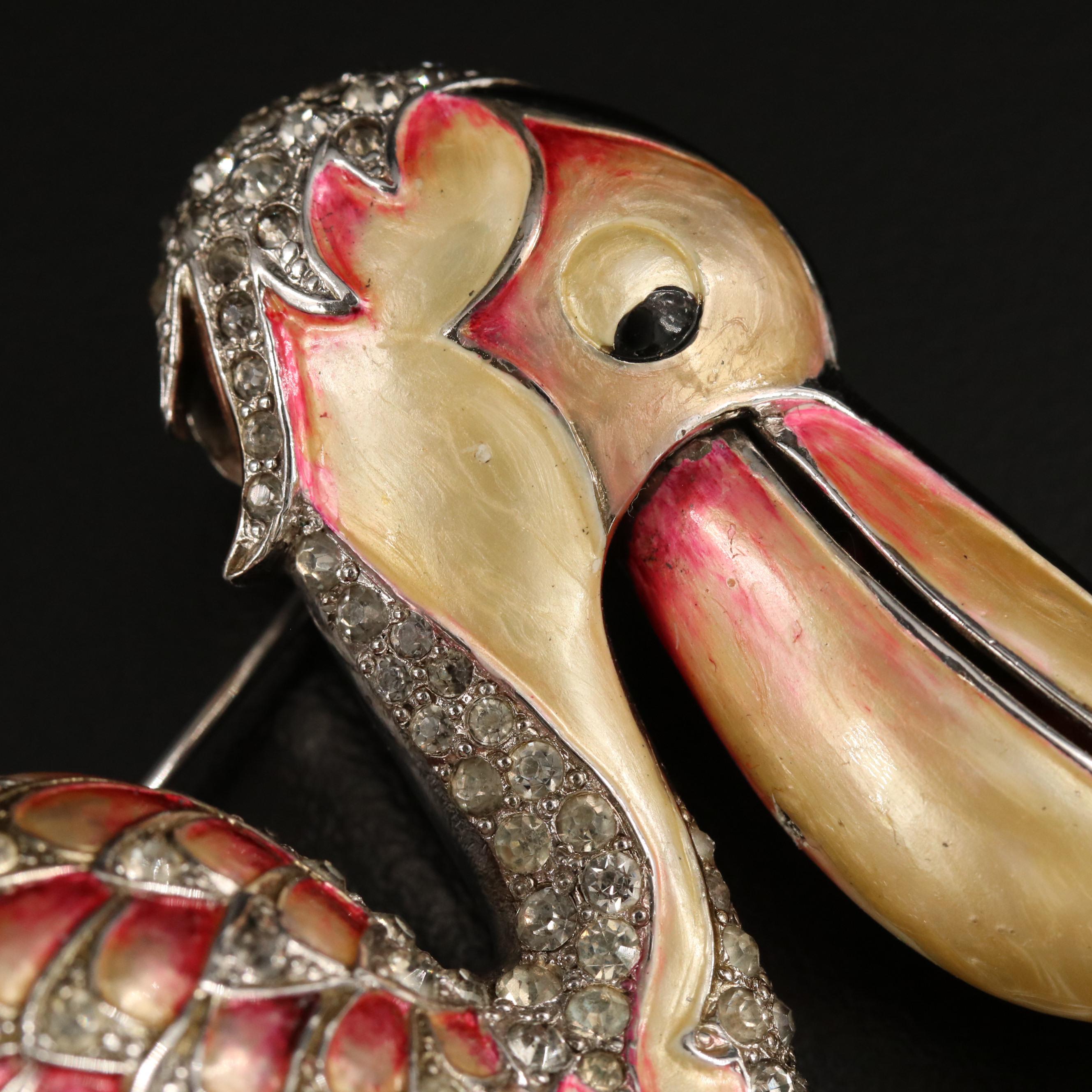 Early 1940s Marcel Boucher Articulated Pelican Brooch with Rhinestones