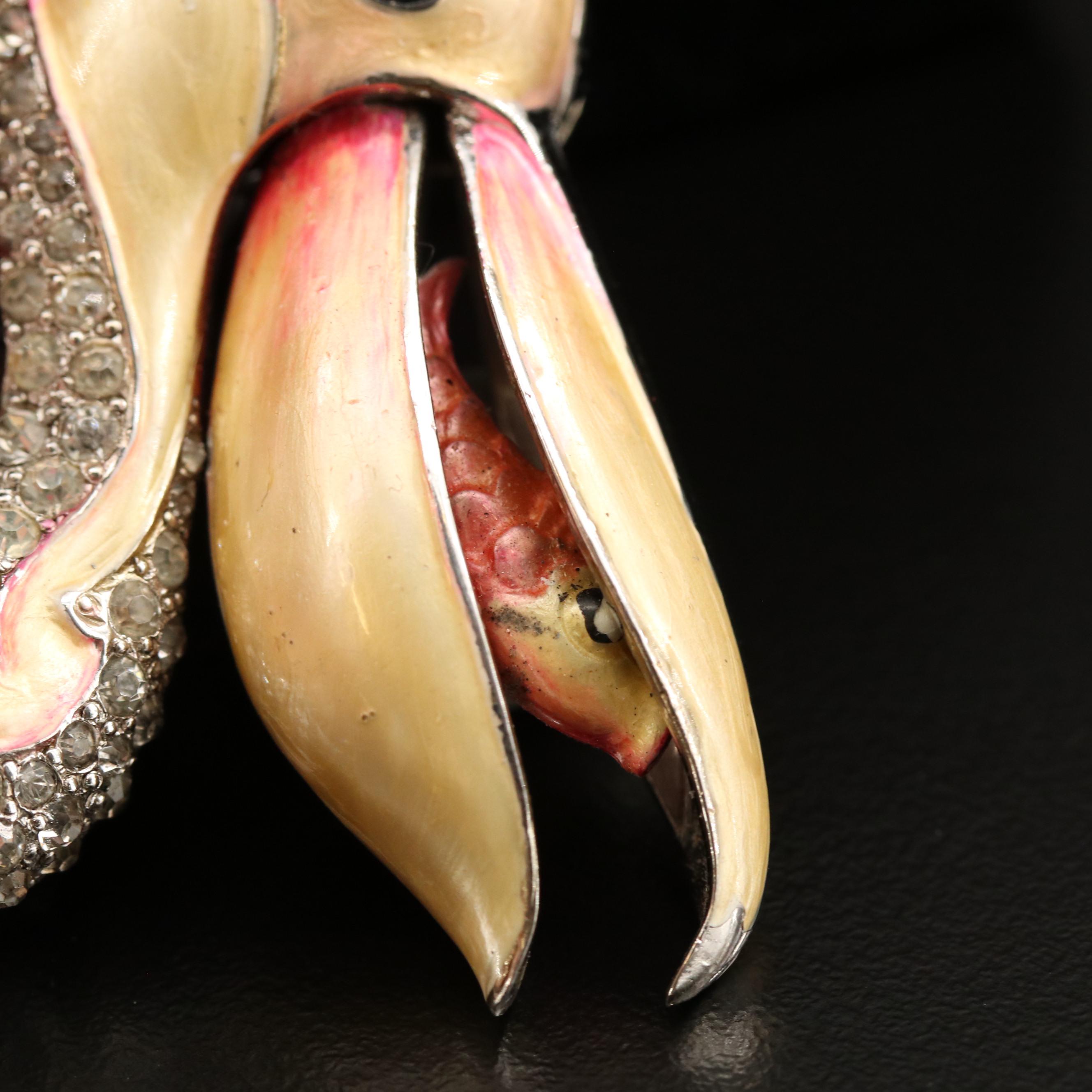 Early 1940s Marcel Boucher Articulated Pelican Brooch with Rhinestones