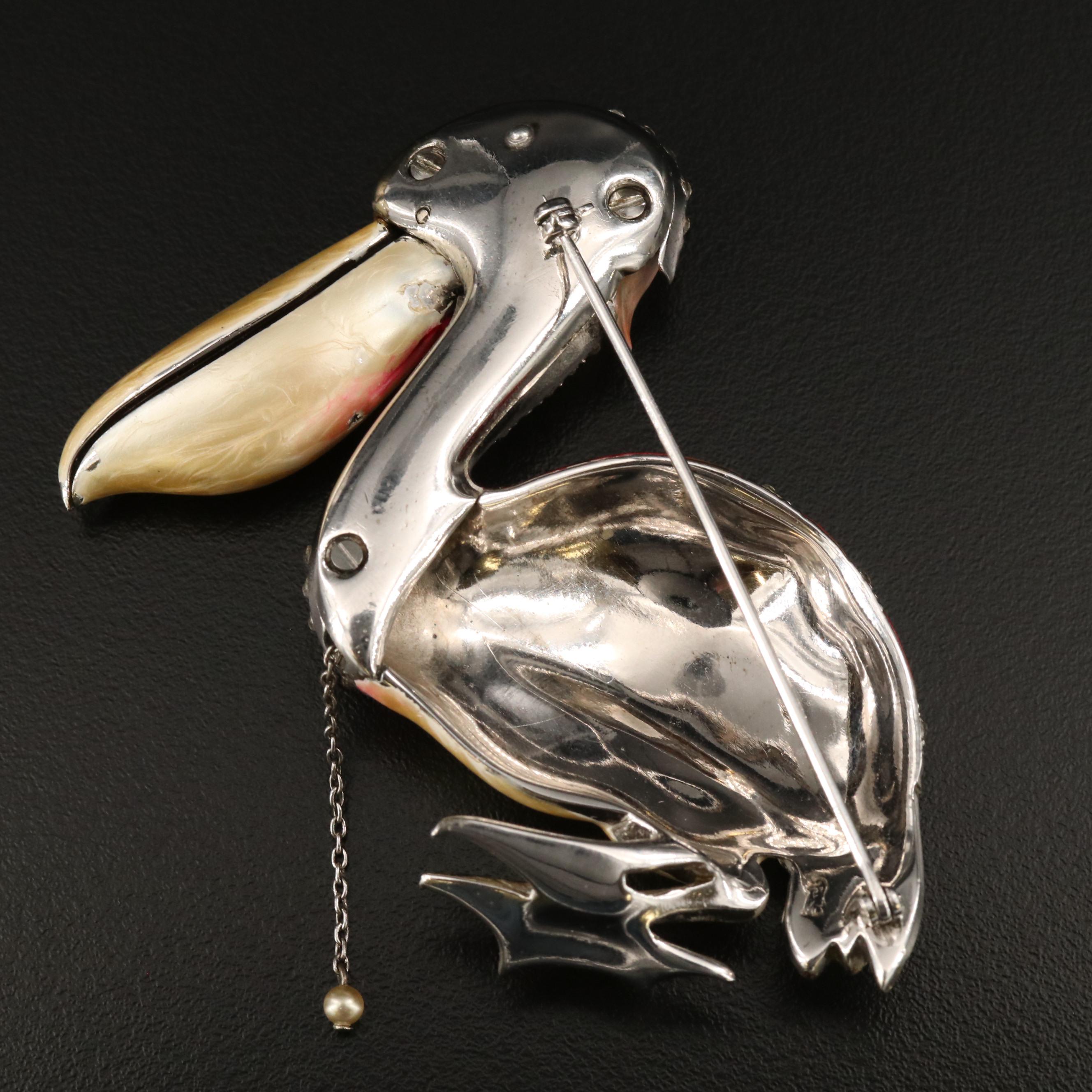Early 1940s Marcel Boucher Articulated Pelican Brooch with Rhinestones