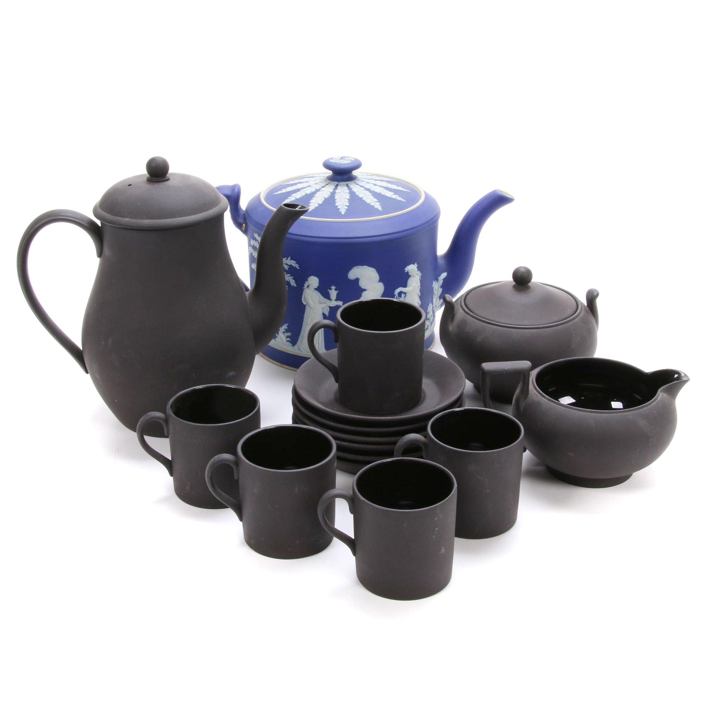 Wedgwood Portland Blue Jasperware Teapot and Black Basalt Tea Set