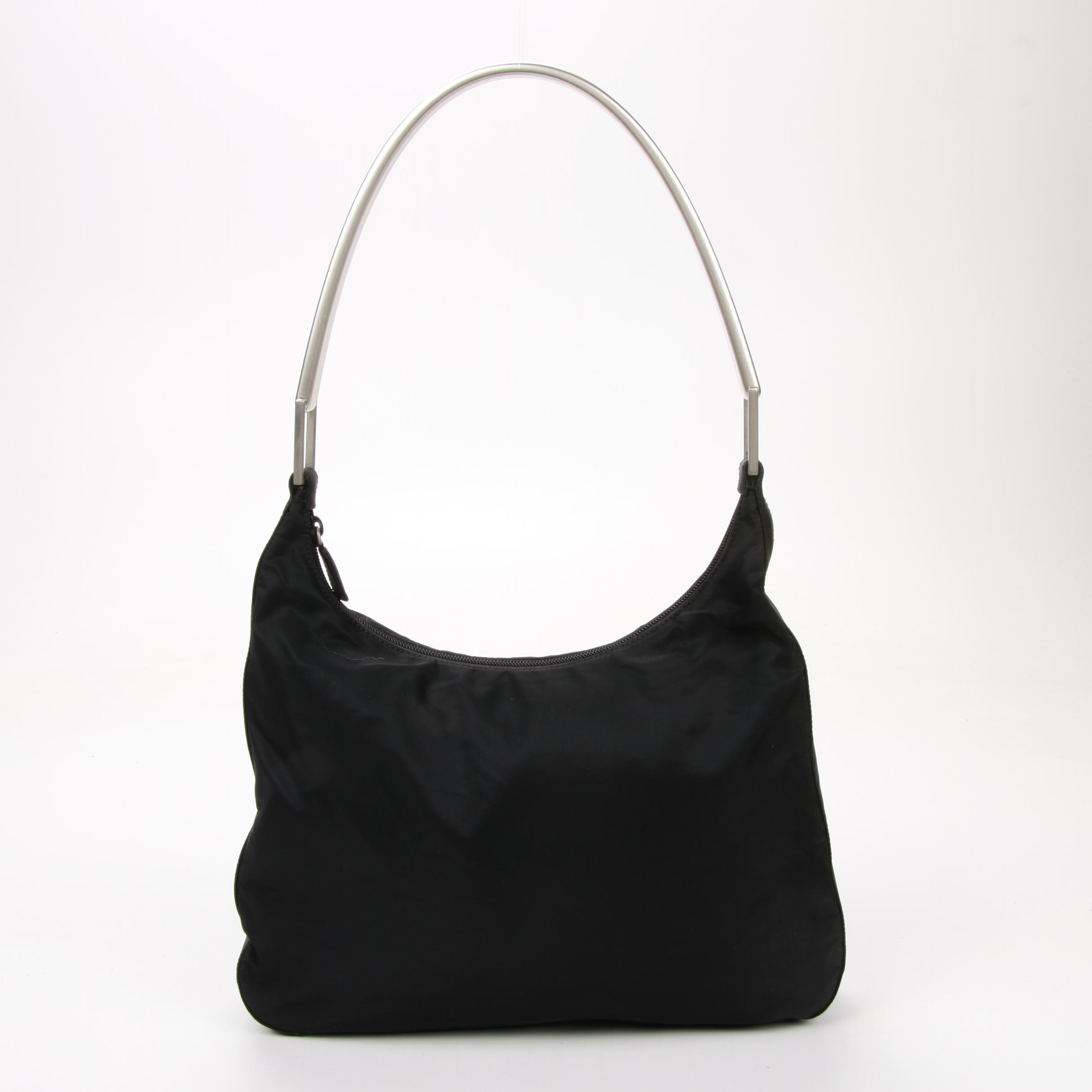 Prada Black Tessuto Hobo Bag with Silver Painted Wood Handle