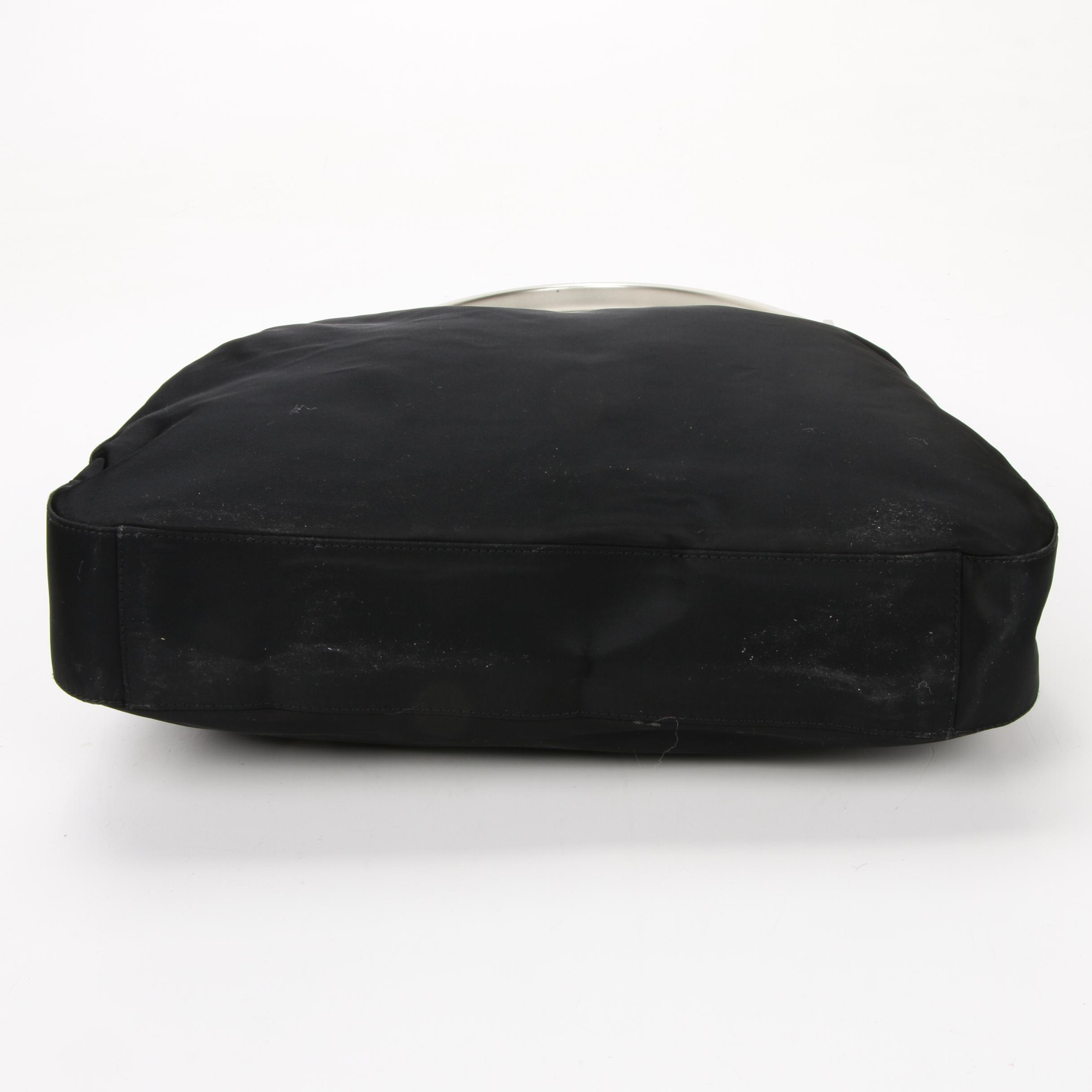 Prada Black Tessuto Hobo Bag with Silver Painted Wood Handle