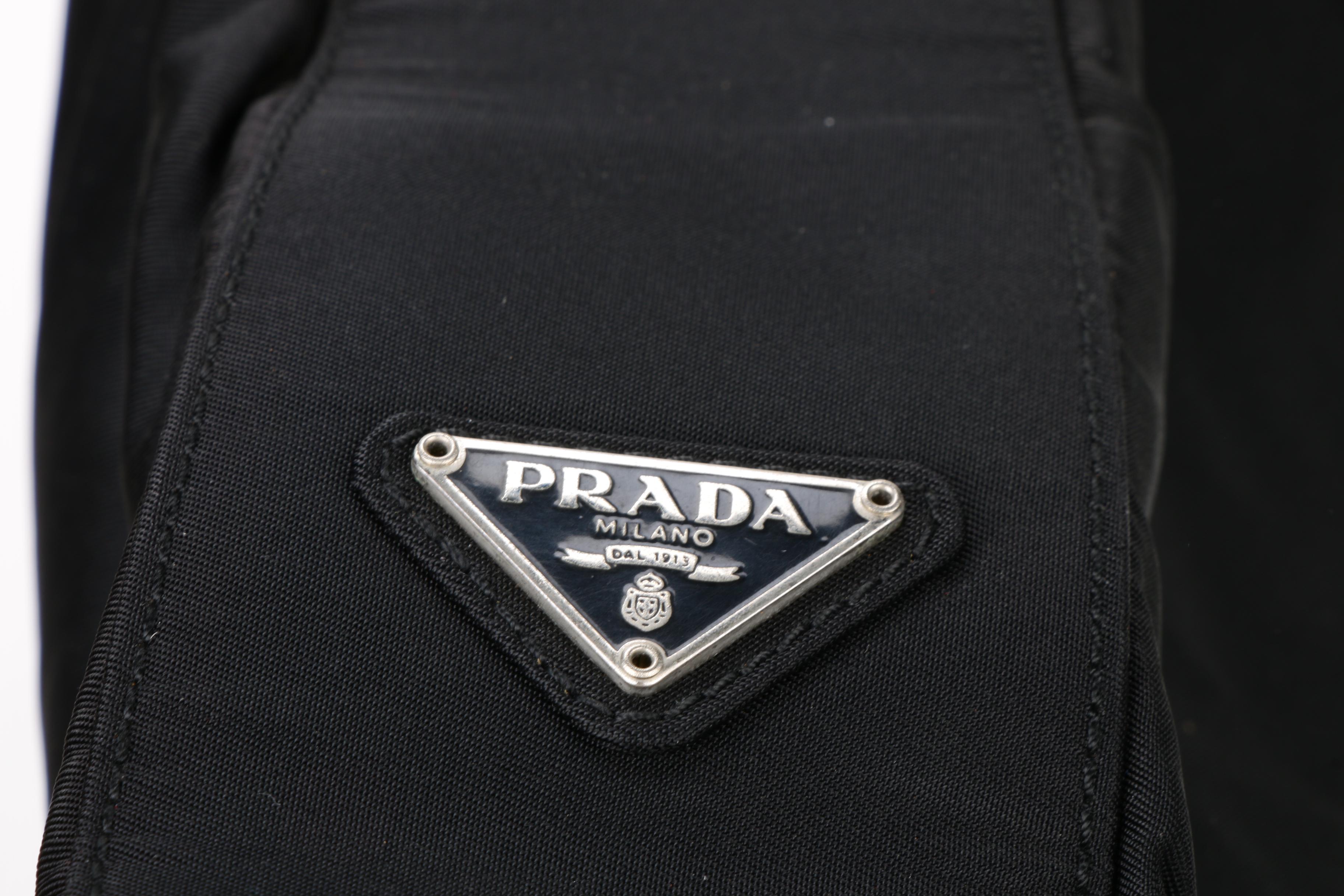 Prada Black Tessuto Hobo Bag with Silver Painted Wood Handle