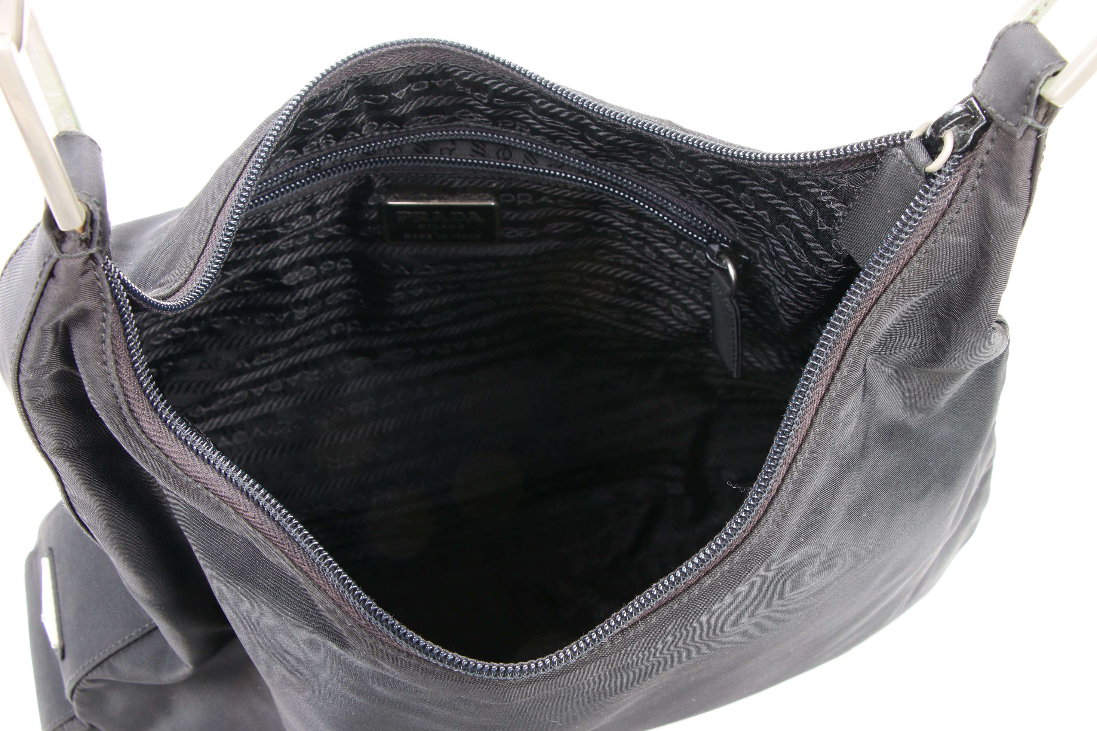 Prada Black Tessuto Hobo Bag with Silver Painted Wood Handle