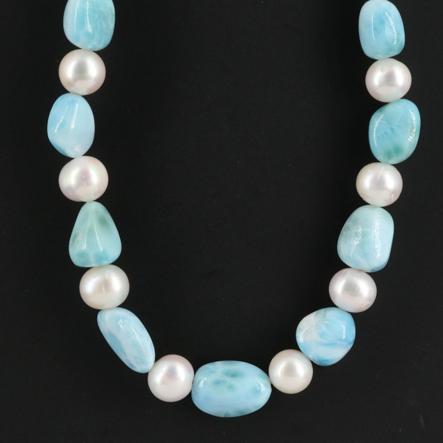 Pearl and Larimar Beaded Necklace with Sterling Clasp