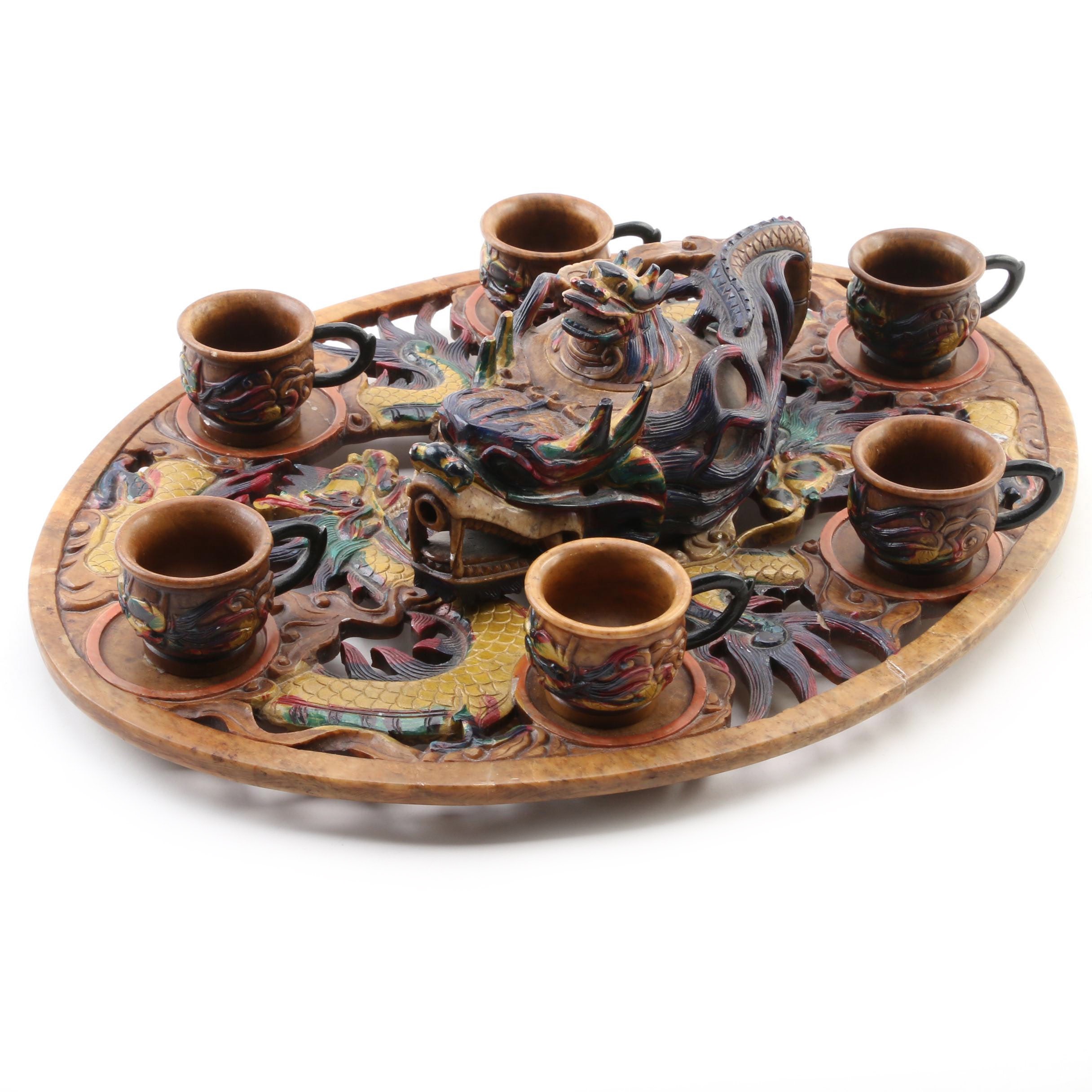 Chinese Hand-Carved Soapstone and Mother of Pearl Dragon Tea Set