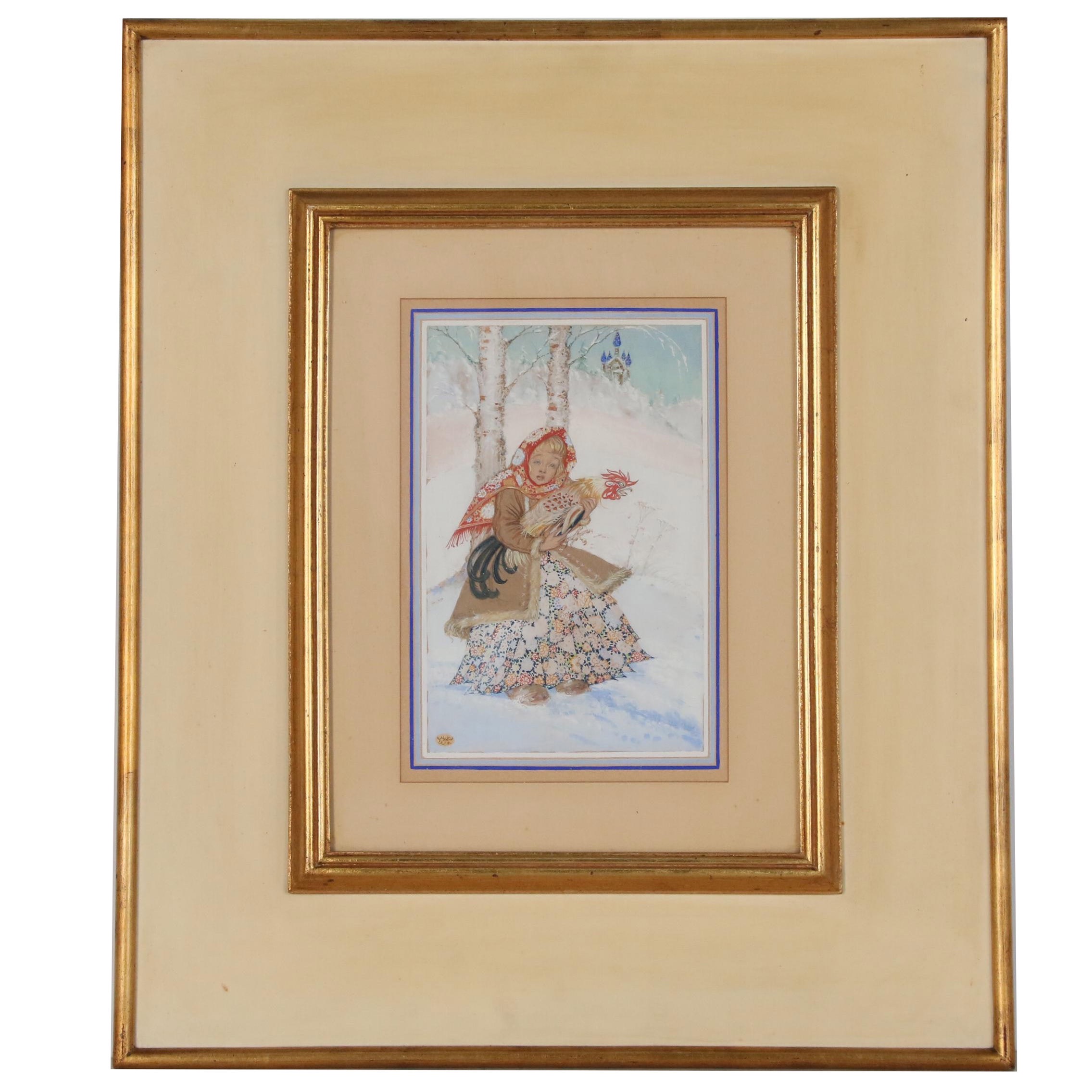 Paul Mak Gouache Painting of Girl in Snow with Rooster, 1954