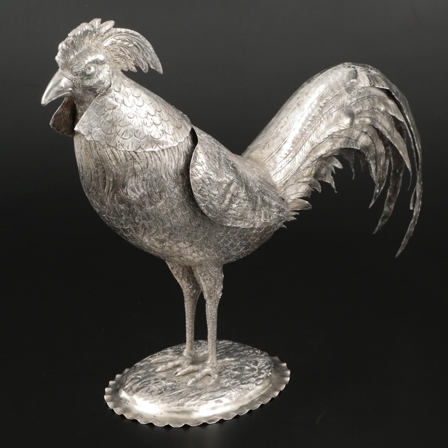 Chased Sterling and 800 Silver Rooster Decanter