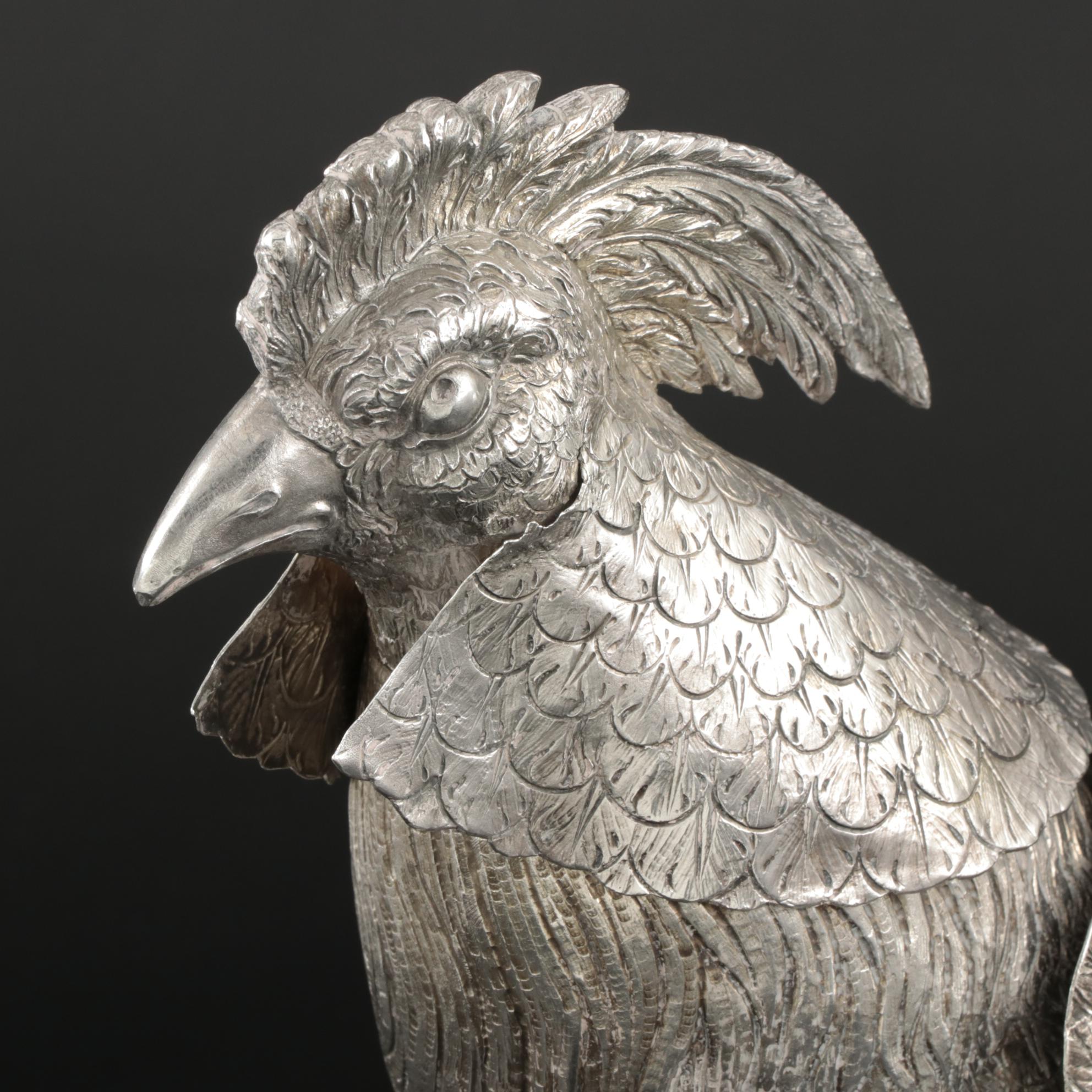 Chased Sterling and 800 Silver Rooster Decanter