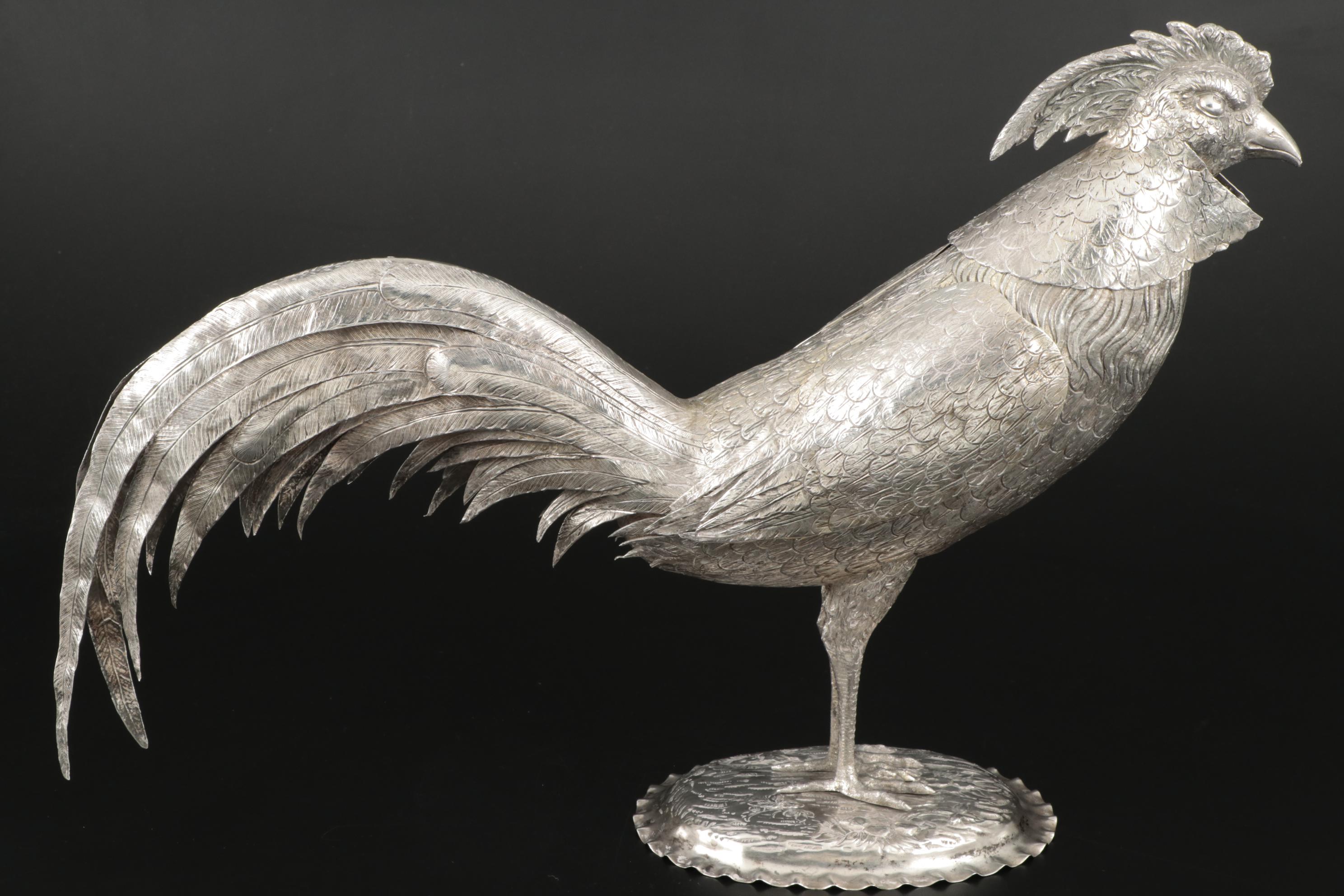 Chased Sterling and 800 Silver Rooster Decanter