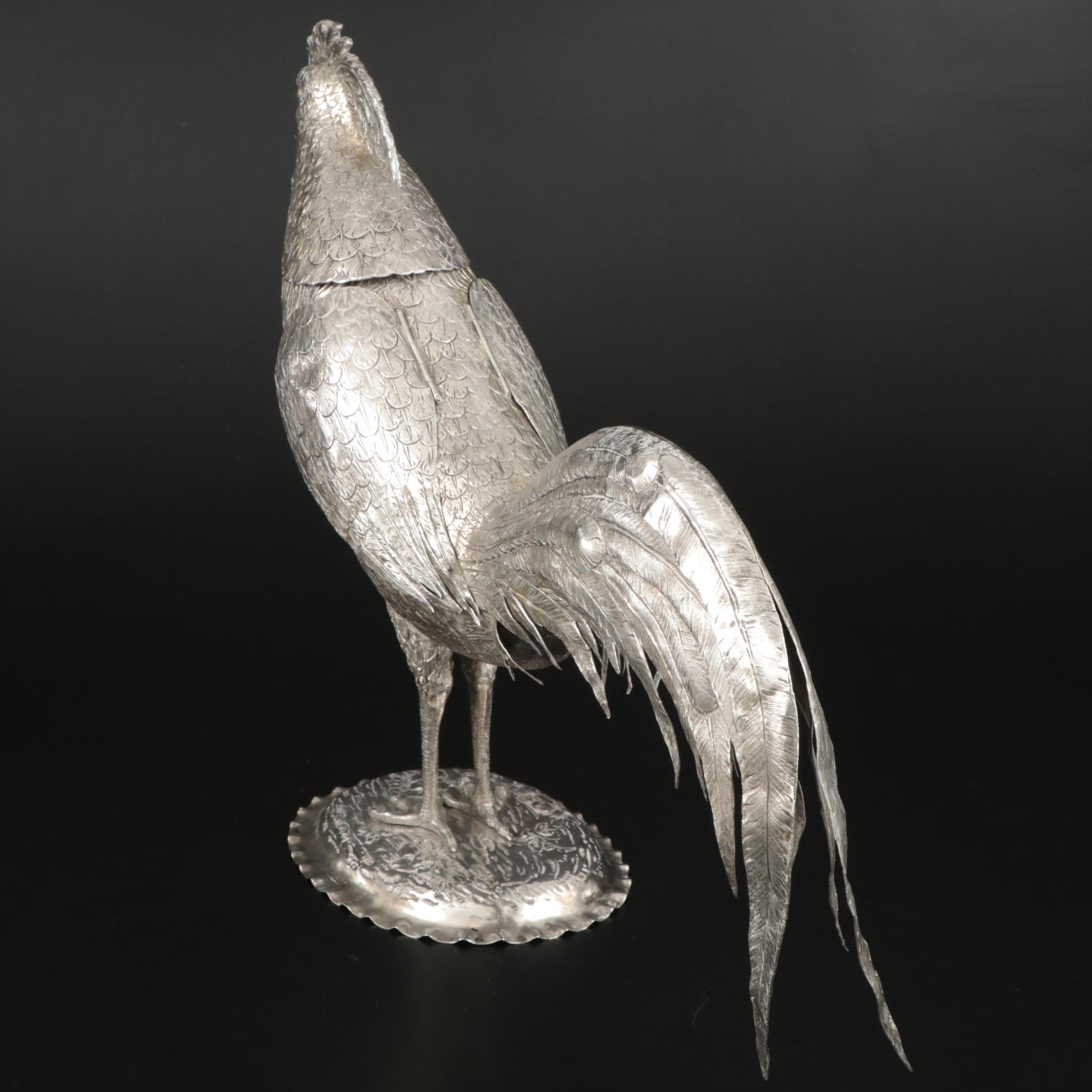 Chased Sterling and 800 Silver Rooster Decanter