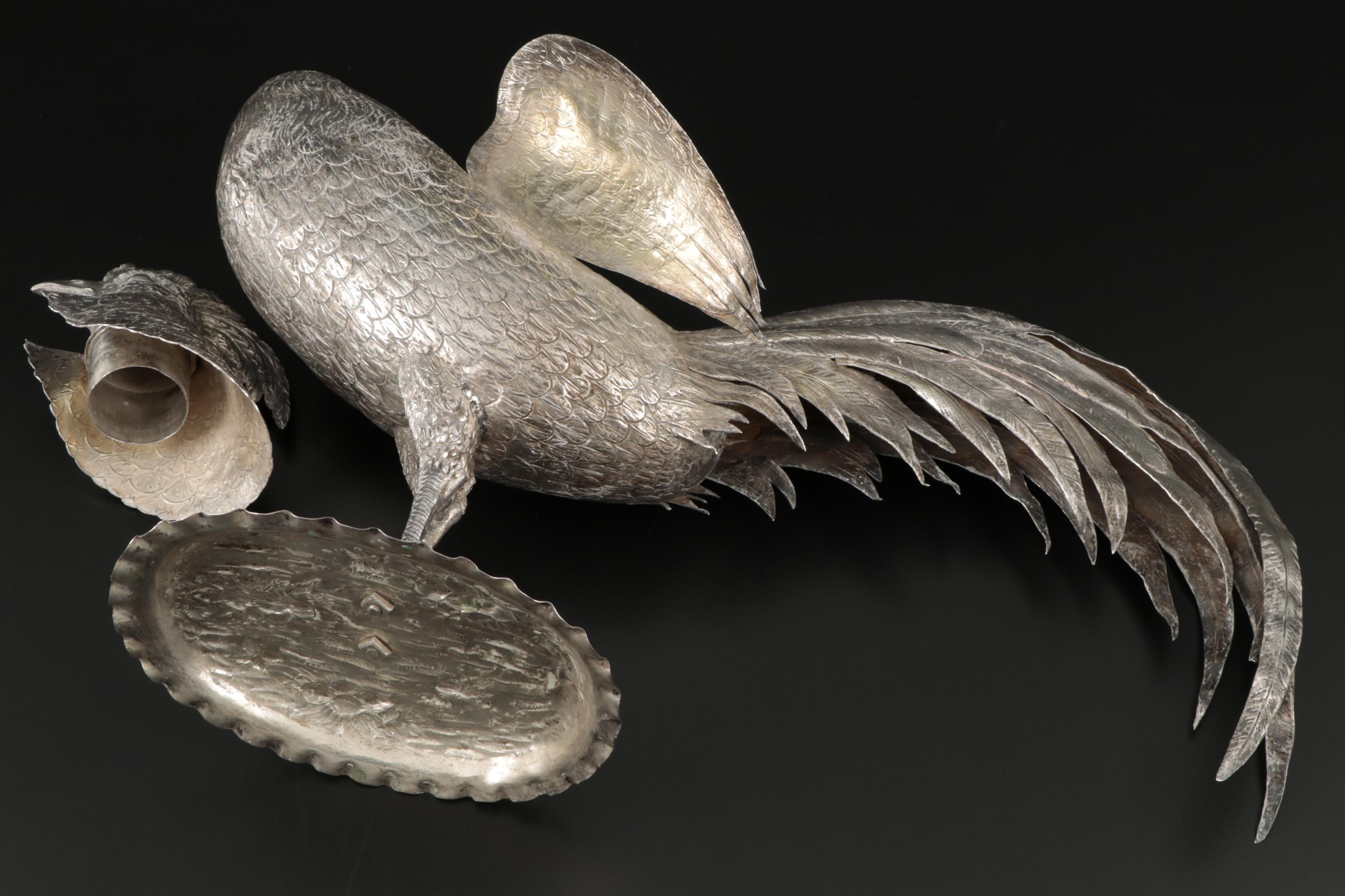 Chased Sterling and 800 Silver Rooster Decanter