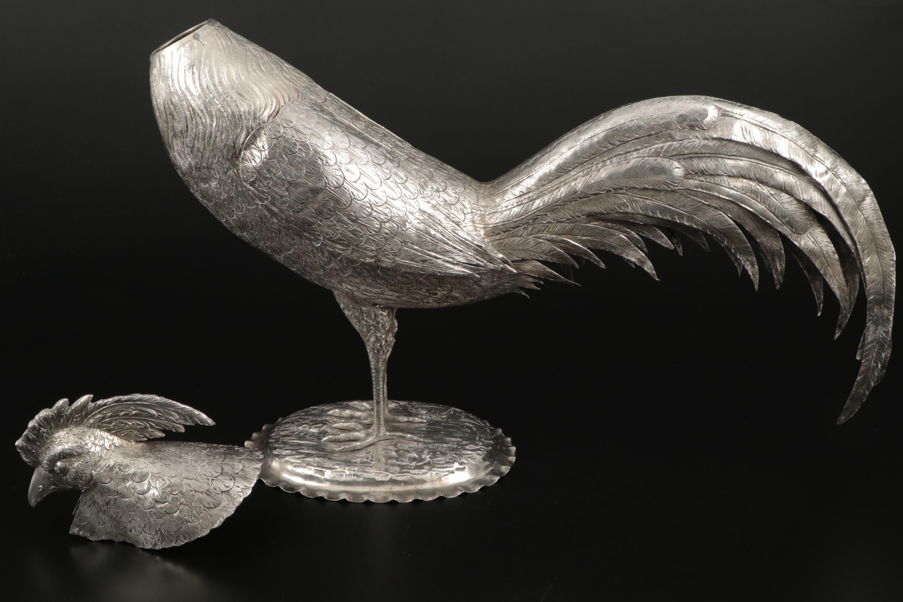 Chased Sterling and 800 Silver Rooster Decanter