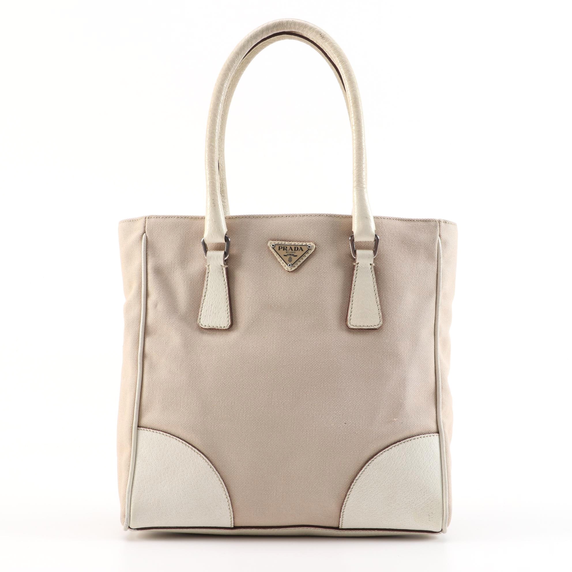 Prada Beige Canvas and Off-White Leather Small Tote