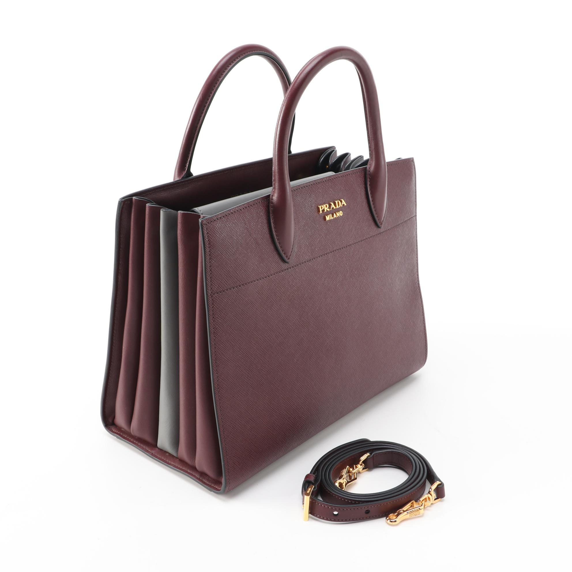 Prada Bibliotheque Handbag in Bordeaux Saffiano and Calfskin Leather