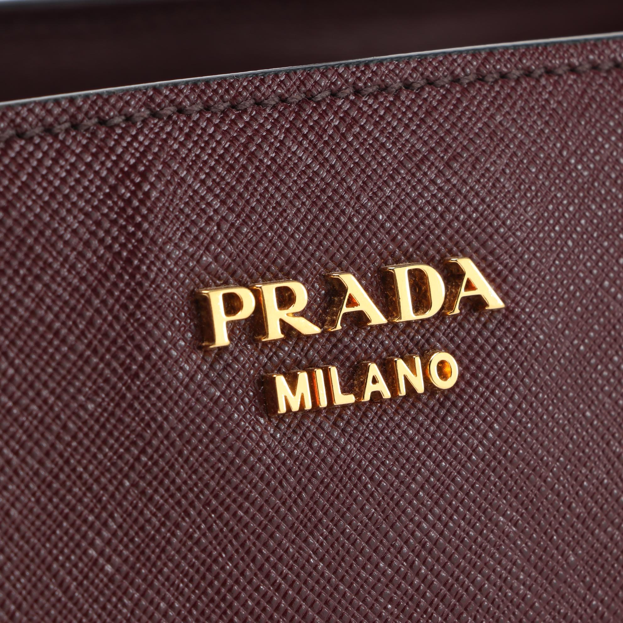 Prada Bibliotheque Handbag in Bordeaux Saffiano and Calfskin Leather