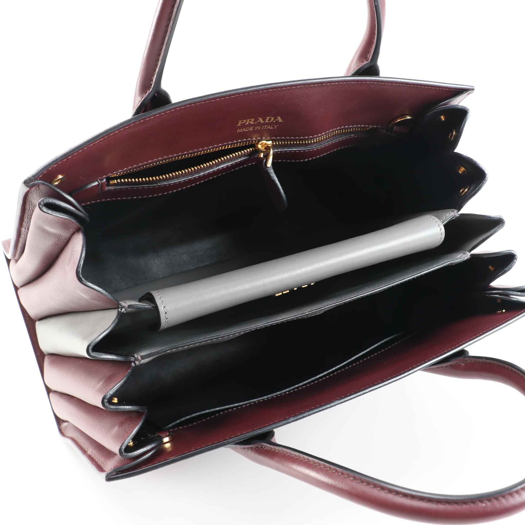 Prada Bibliotheque Handbag in Bordeaux Saffiano and Calfskin Leather