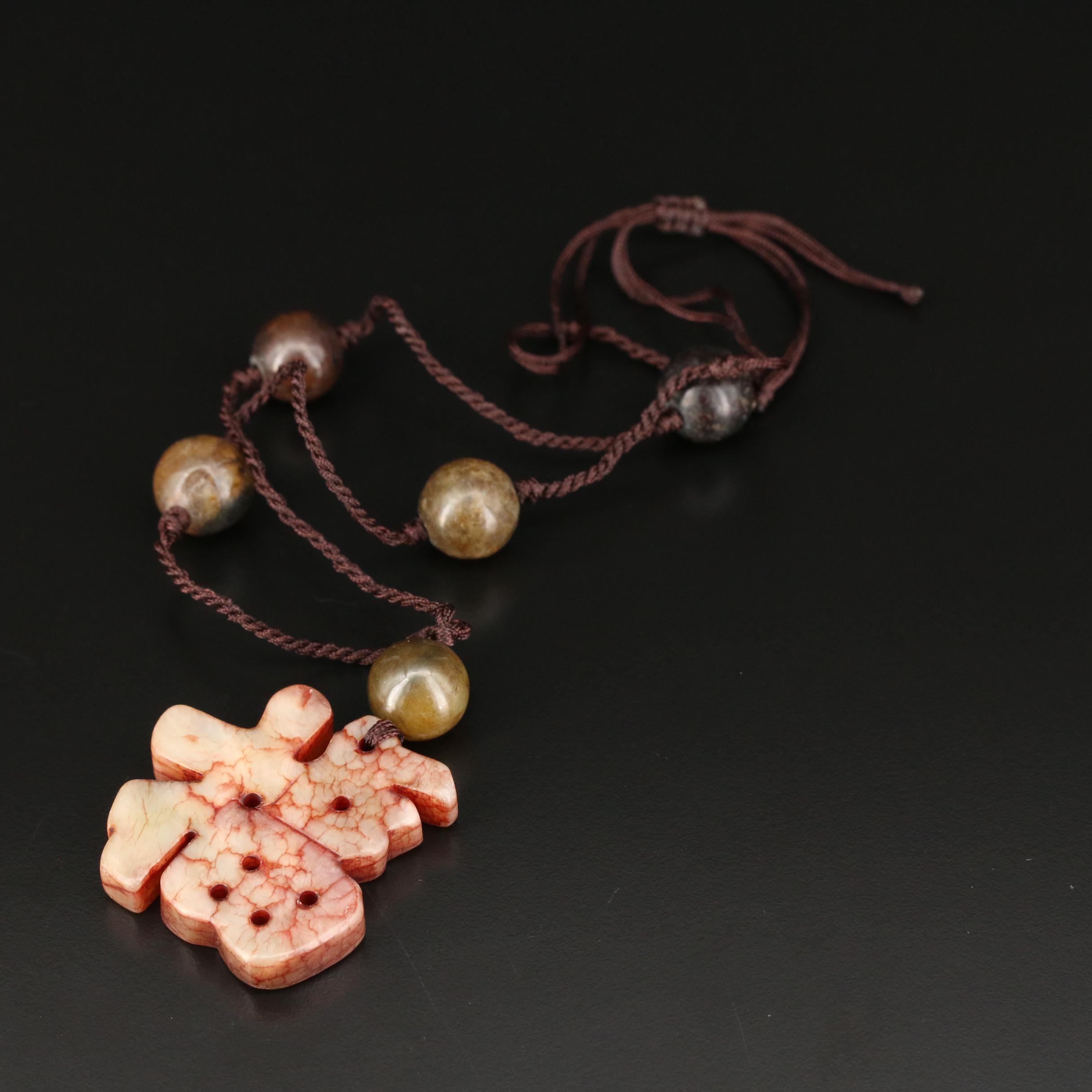 Carved Serpentine "Good Fortune" Station Necklace