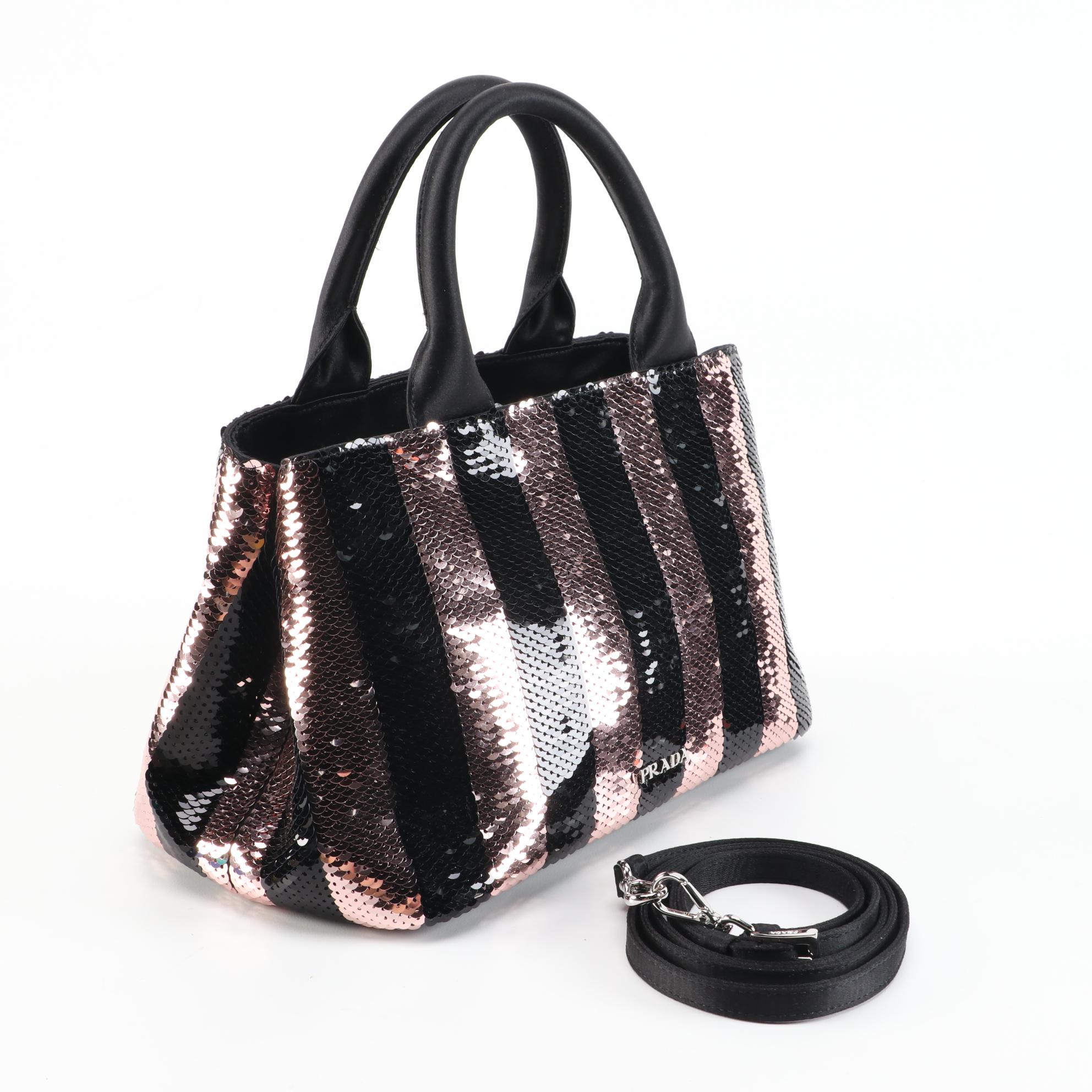 Prada Pink and Black Sequin Embellished Satin Two-Way Tote
