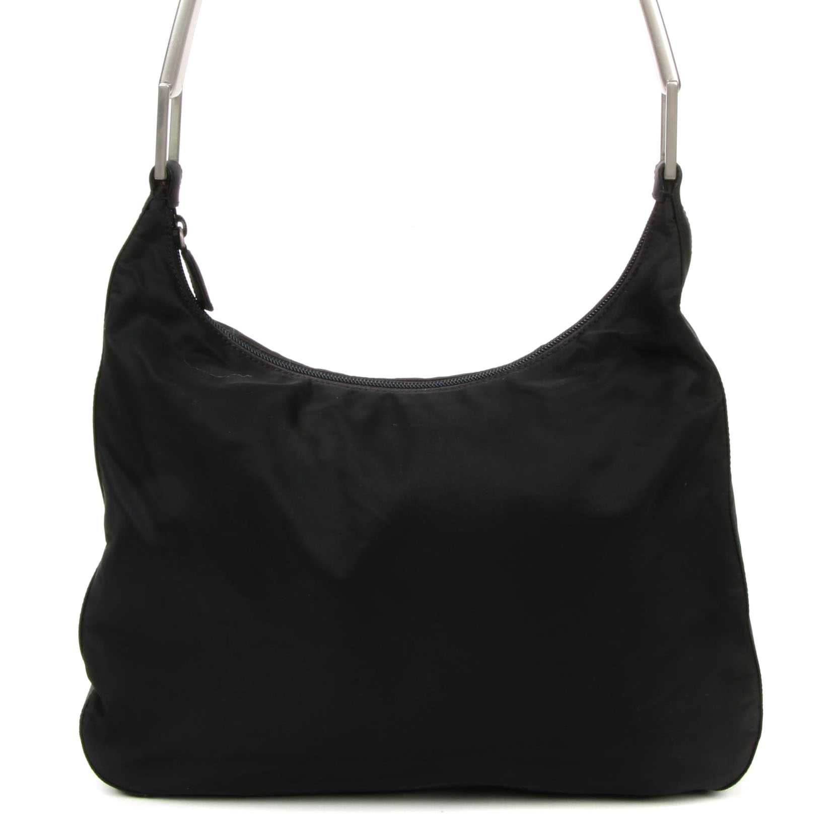 Prada Black Tessuto Hobo Bag with Silver Painted Wood Handle