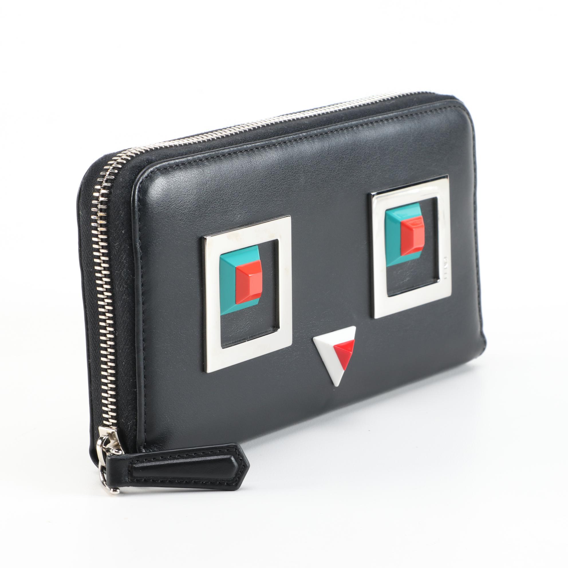 Fendi Robot Stud Embellished Black Leather Zip Around Wallet
