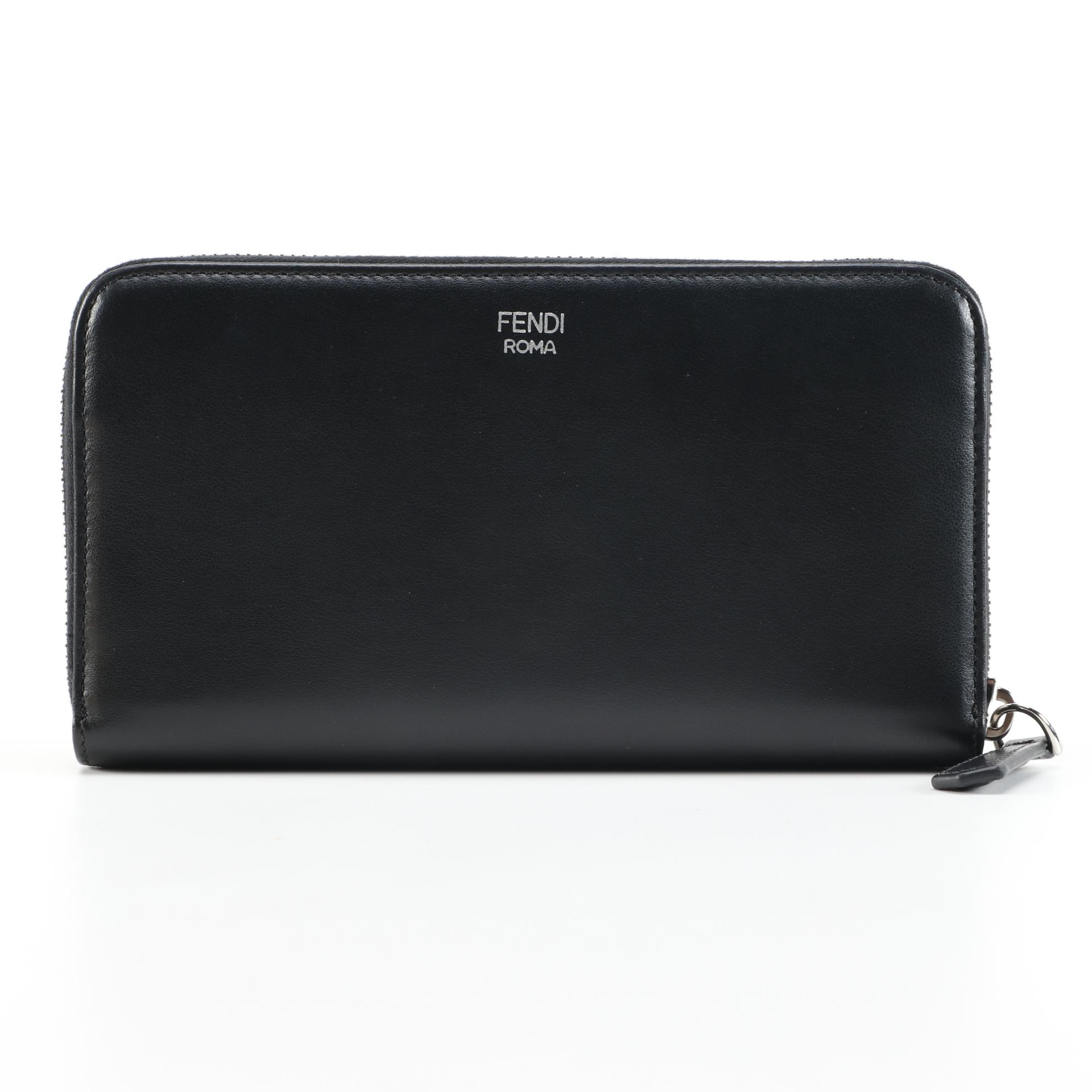 Fendi Robot Stud Embellished Black Leather Zip Around Wallet