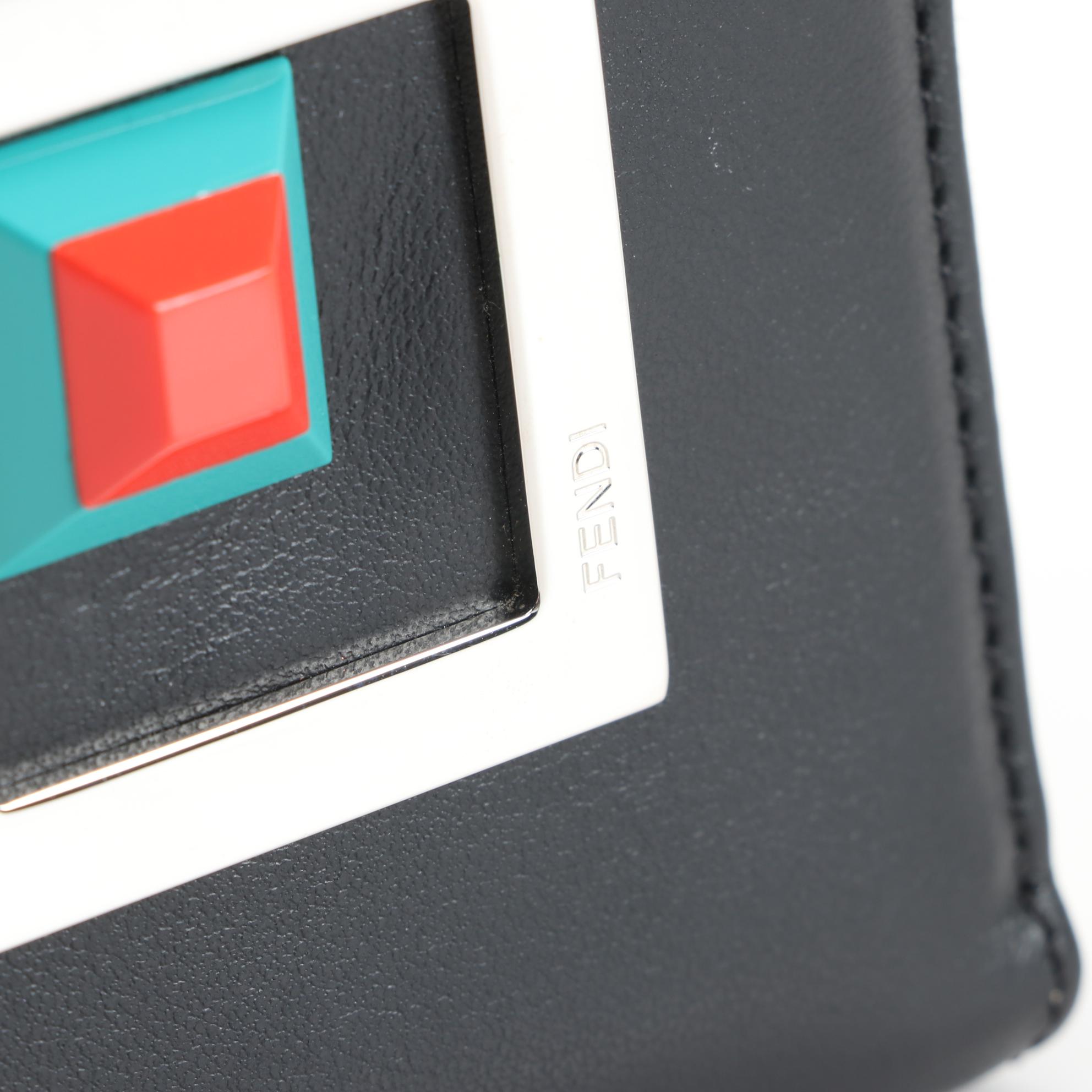 Fendi Robot Stud Embellished Black Leather Zip Around Wallet