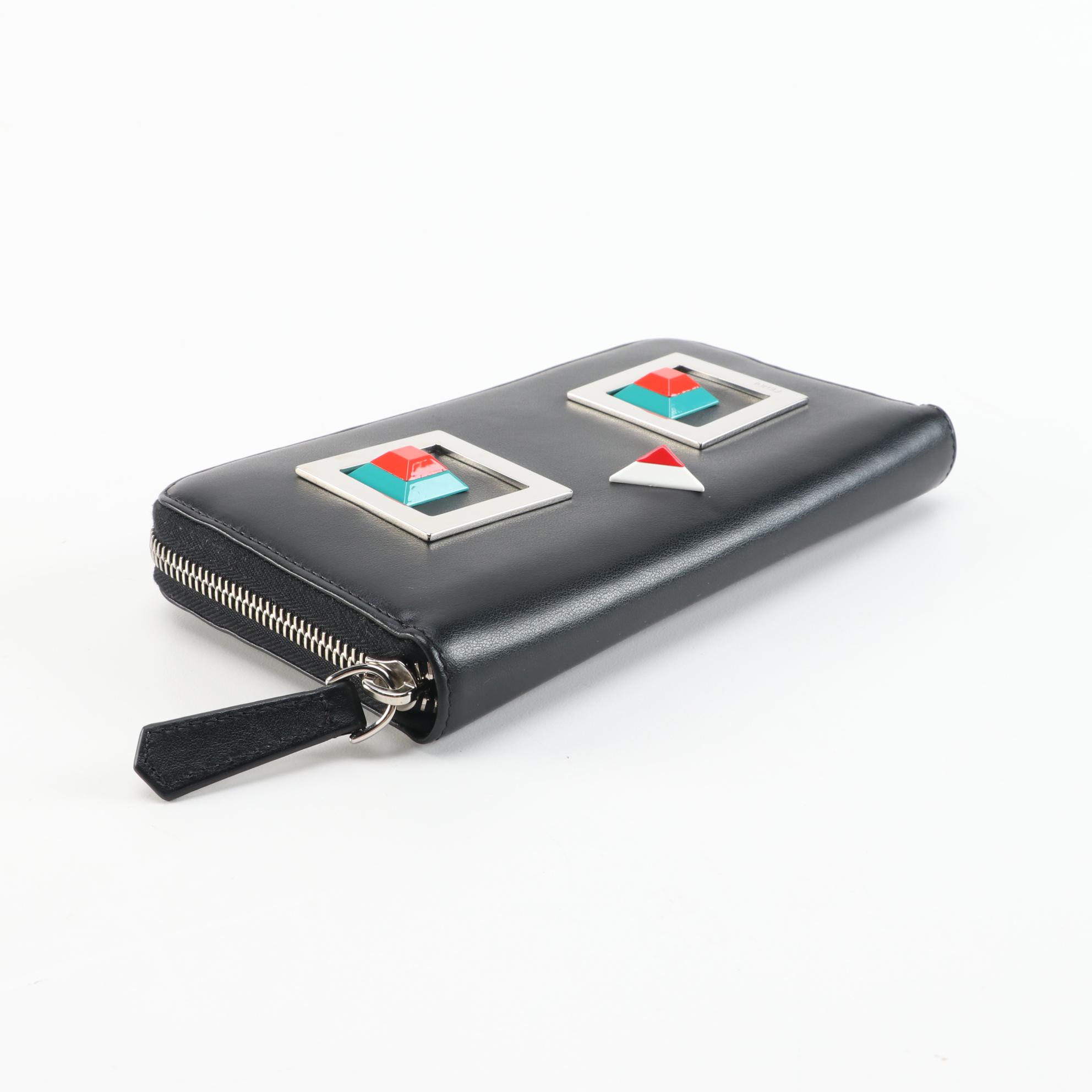 Fendi Robot Stud Embellished Black Leather Zip Around Wallet