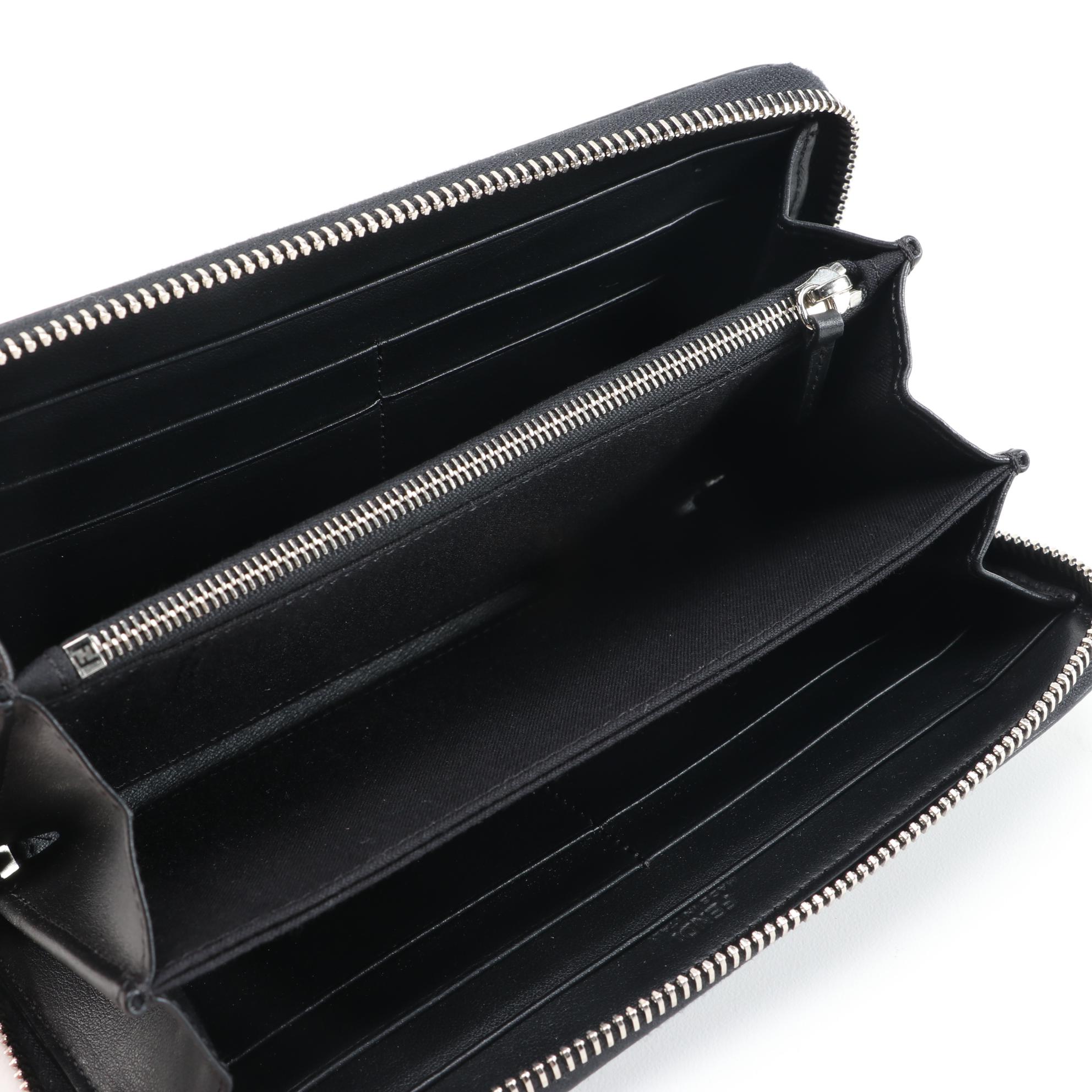 Fendi Robot Stud Embellished Black Leather Zip Around Wallet