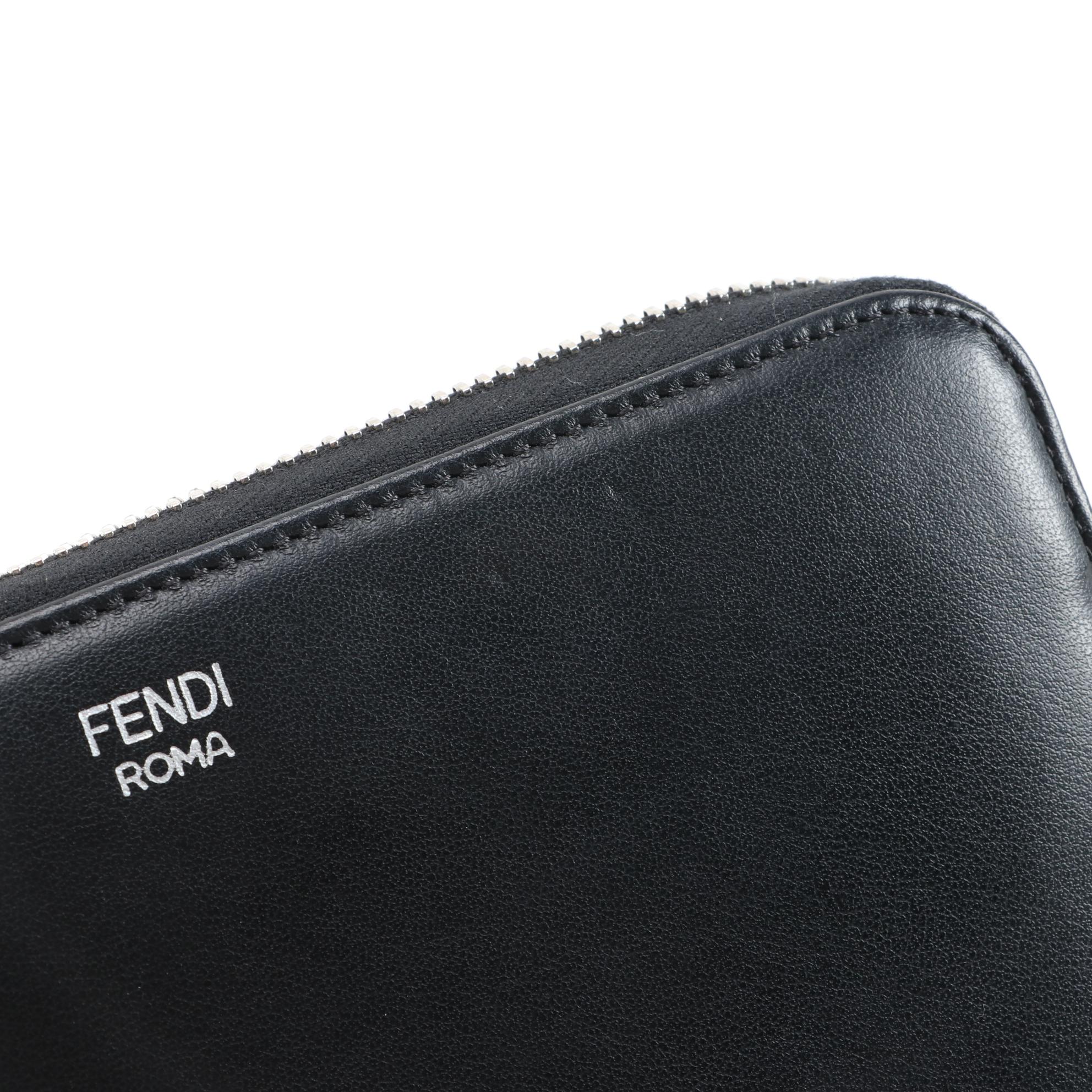 Fendi Robot Stud Embellished Black Leather Zip Around Wallet