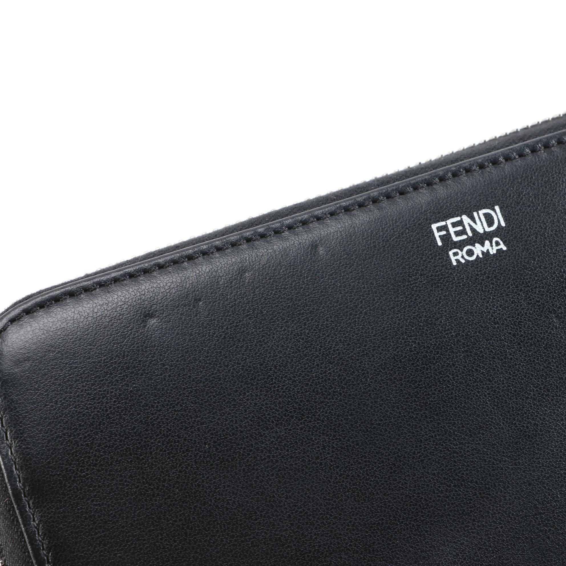 Fendi Robot Stud Embellished Black Leather Zip Around Wallet