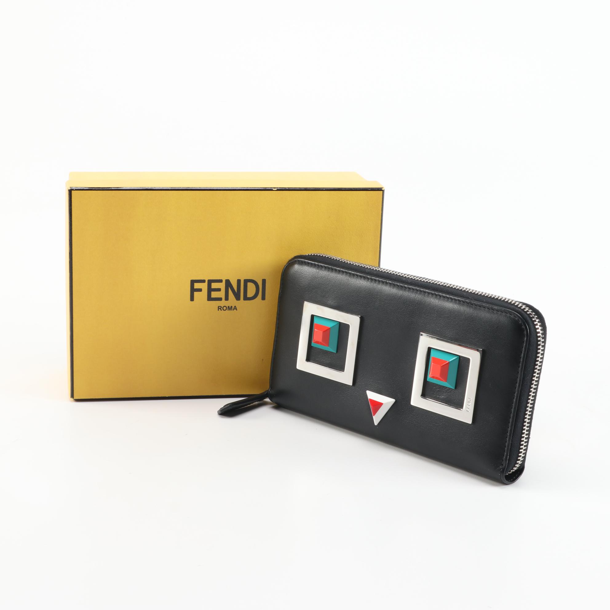 Fendi Robot Stud Embellished Black Leather Zip Around Wallet