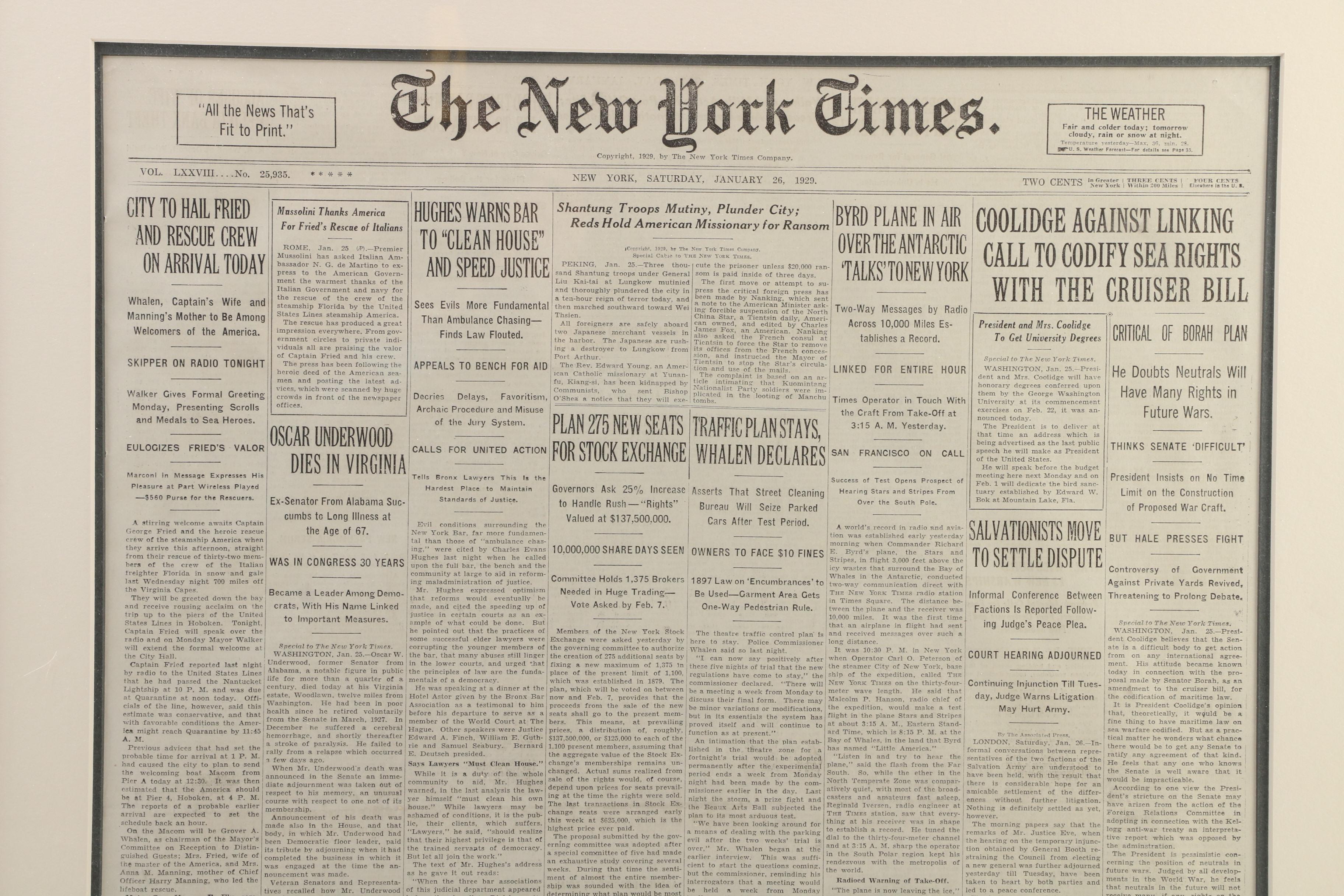 "The New York Times" Newspaper Volume LXXVIII/No. 25,935, January 26, 1929