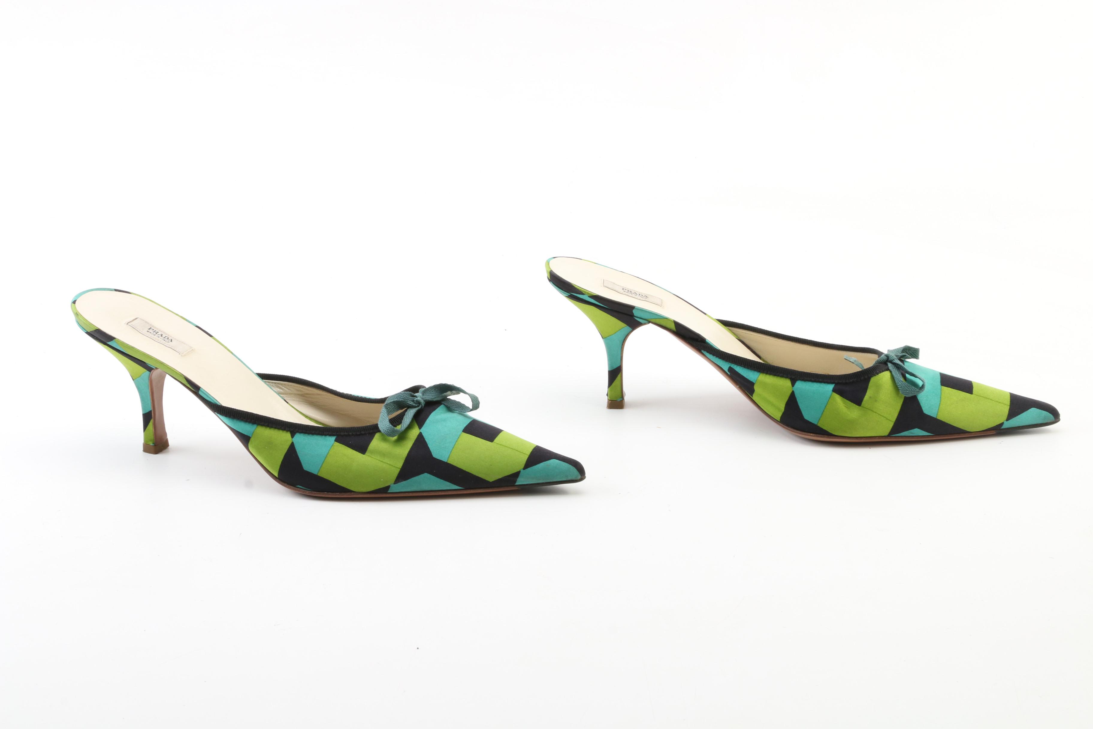 Prada Geometric Patterned Mules with Grosgrain and Bow Trim
