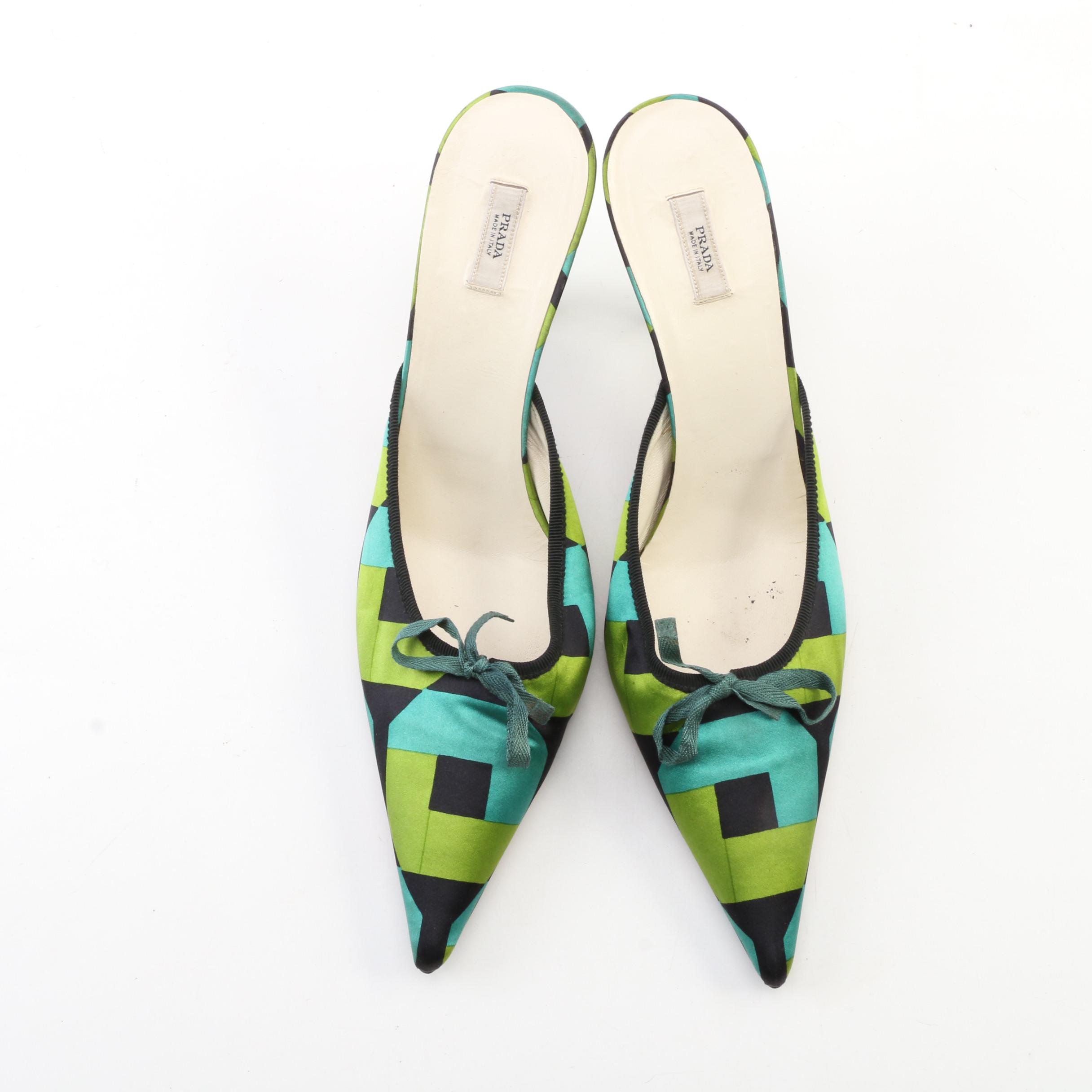 Prada Geometric Patterned Mules with Grosgrain and Bow Trim