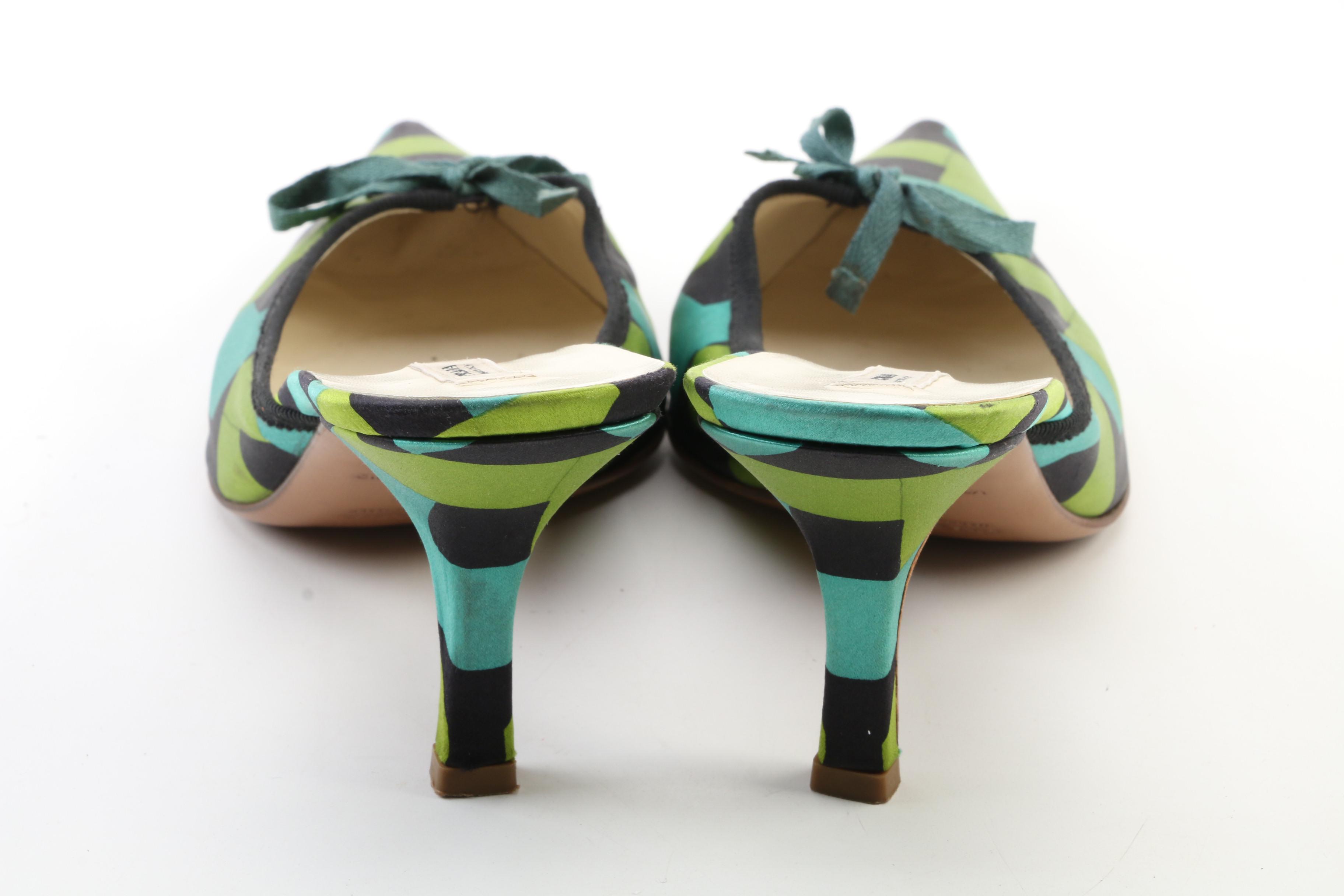 Prada Geometric Patterned Mules with Grosgrain and Bow Trim