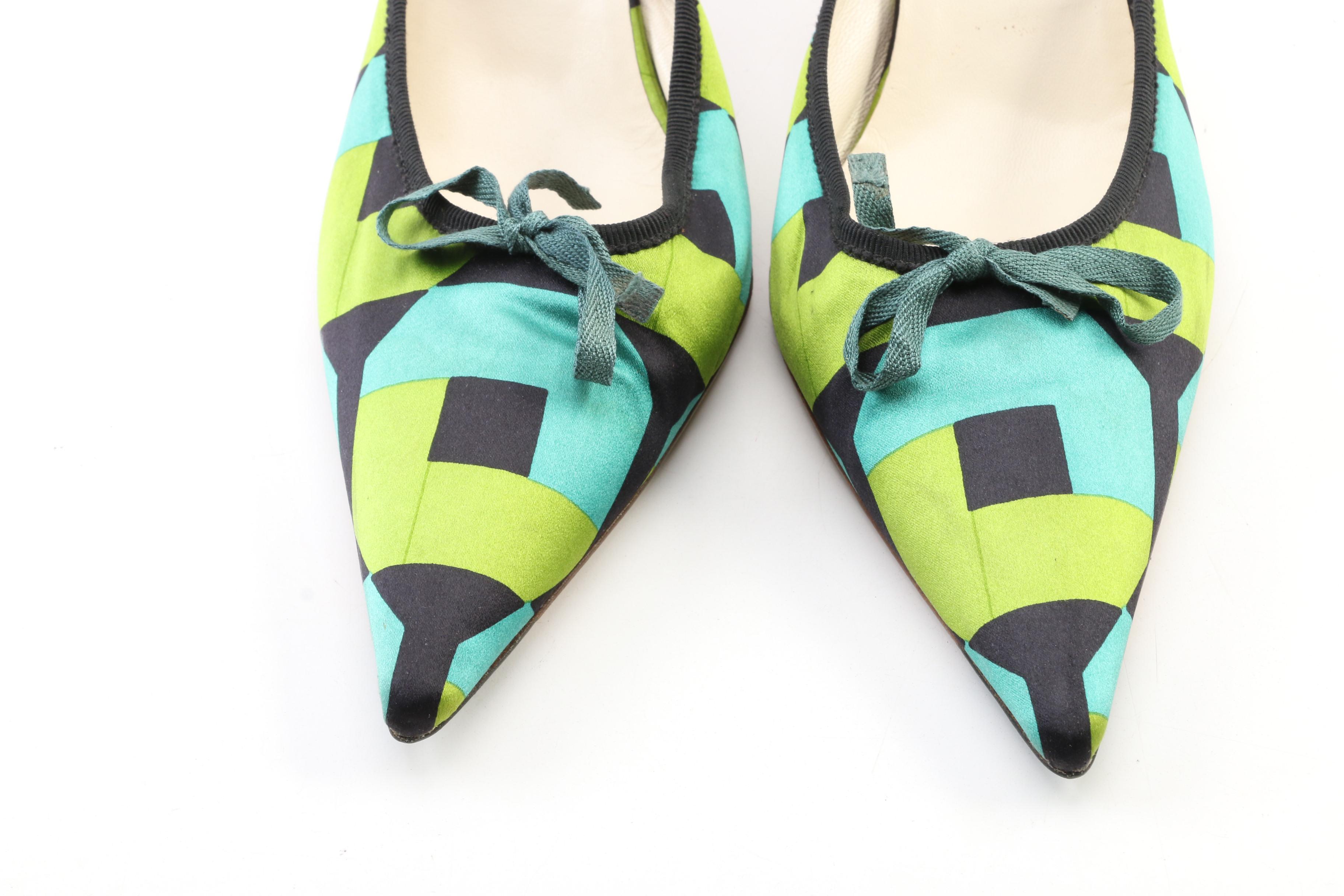 Prada Geometric Patterned Mules with Grosgrain and Bow Trim
