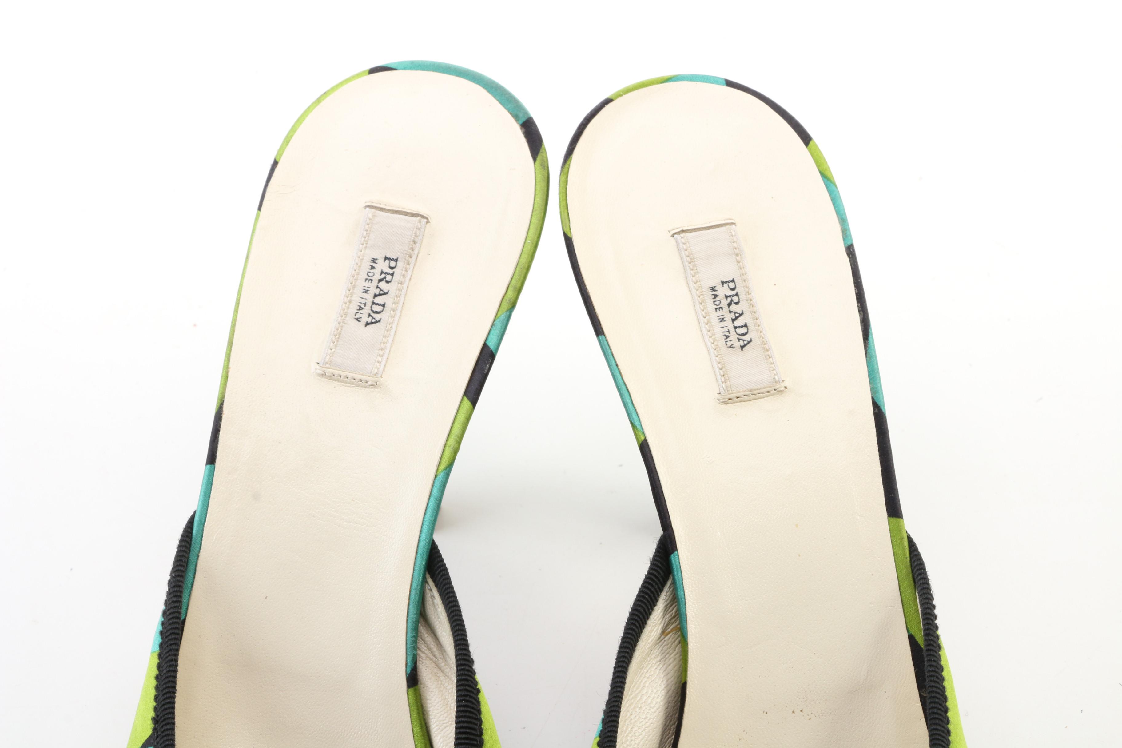 Prada Geometric Patterned Mules with Grosgrain and Bow Trim