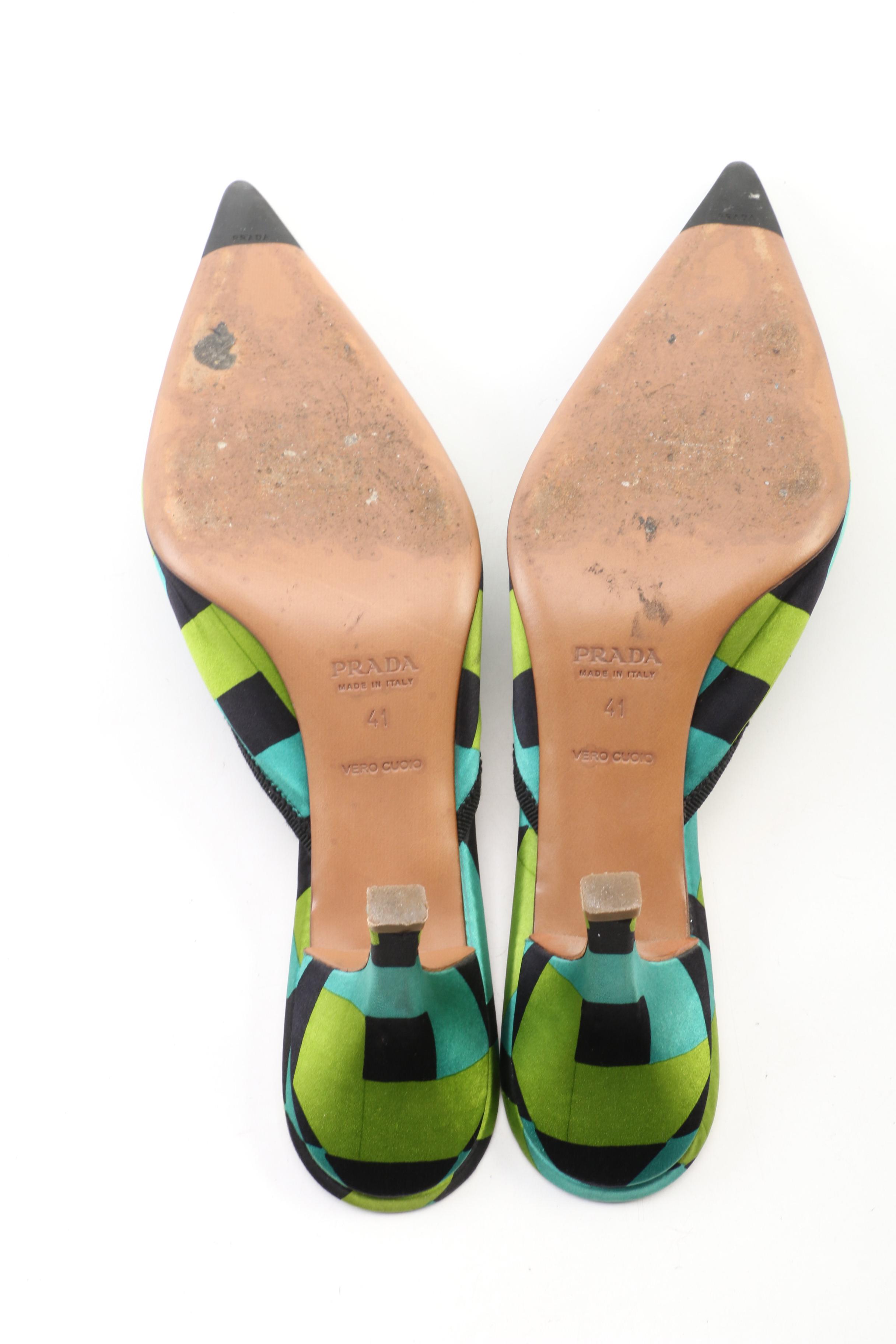 Prada Geometric Patterned Mules with Grosgrain and Bow Trim